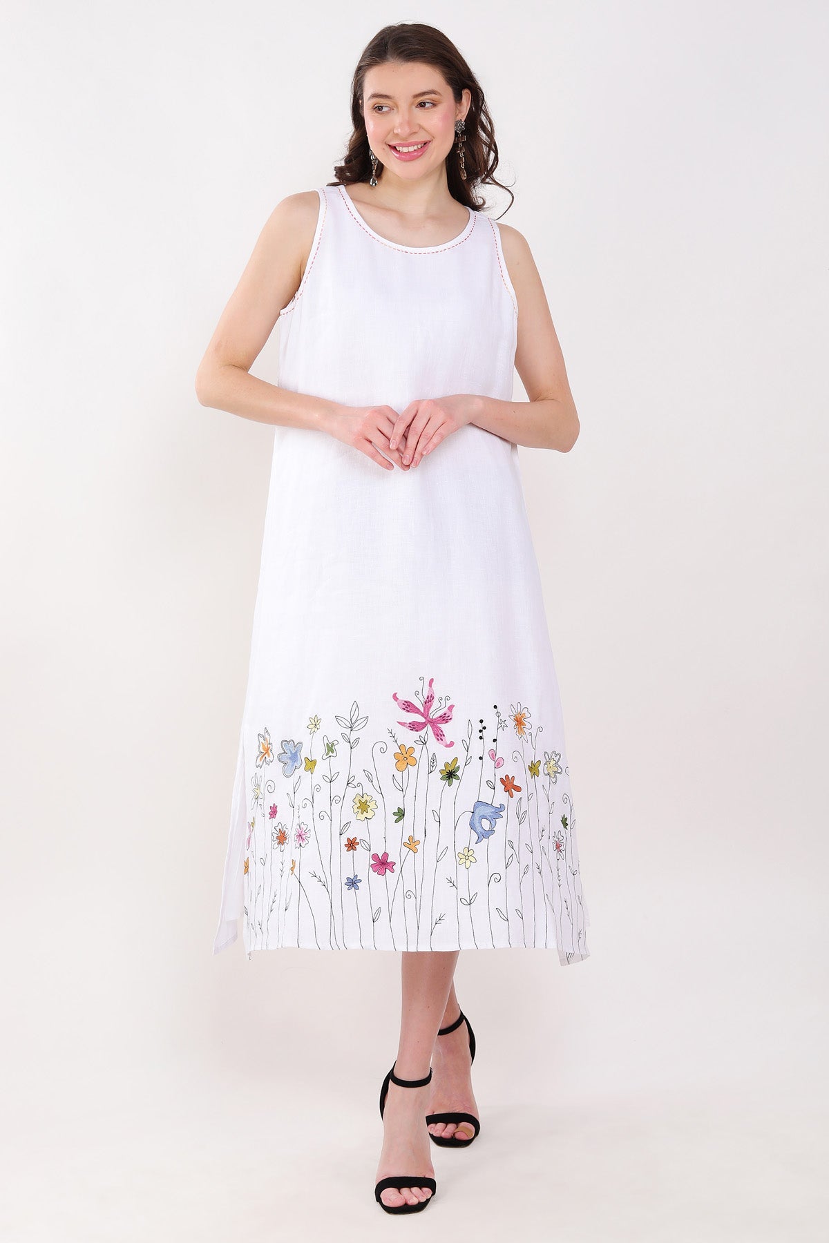 Linen Bloom White Floral Embroidered Dress for women online at ScrollnShops