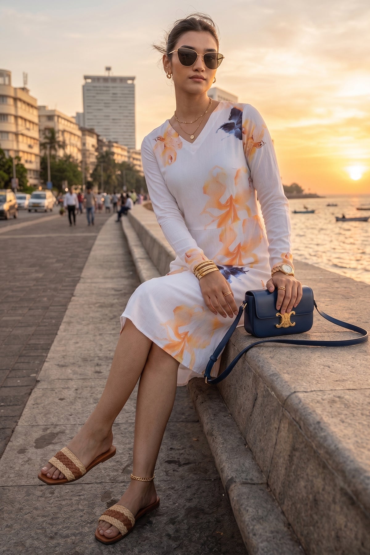 White Floral Print A-Line Dress