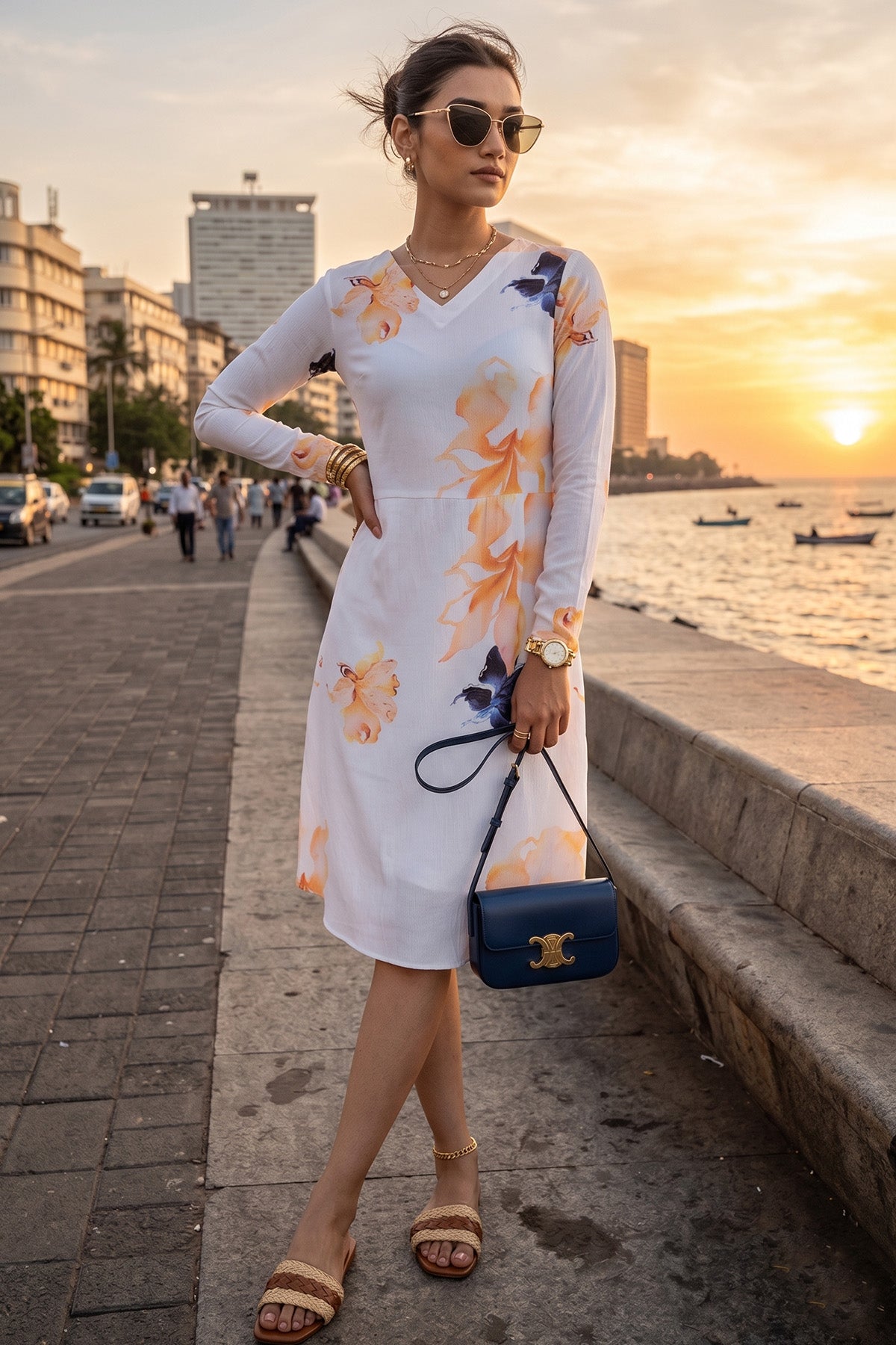 White Floral Print A-Line Dress