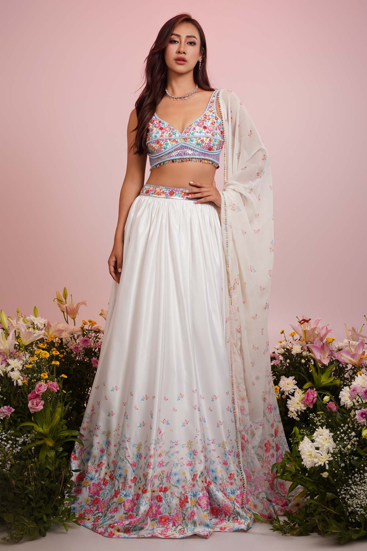 Priyanka Kar White Floral Print Lehenga Set for women online at ScrollnShops