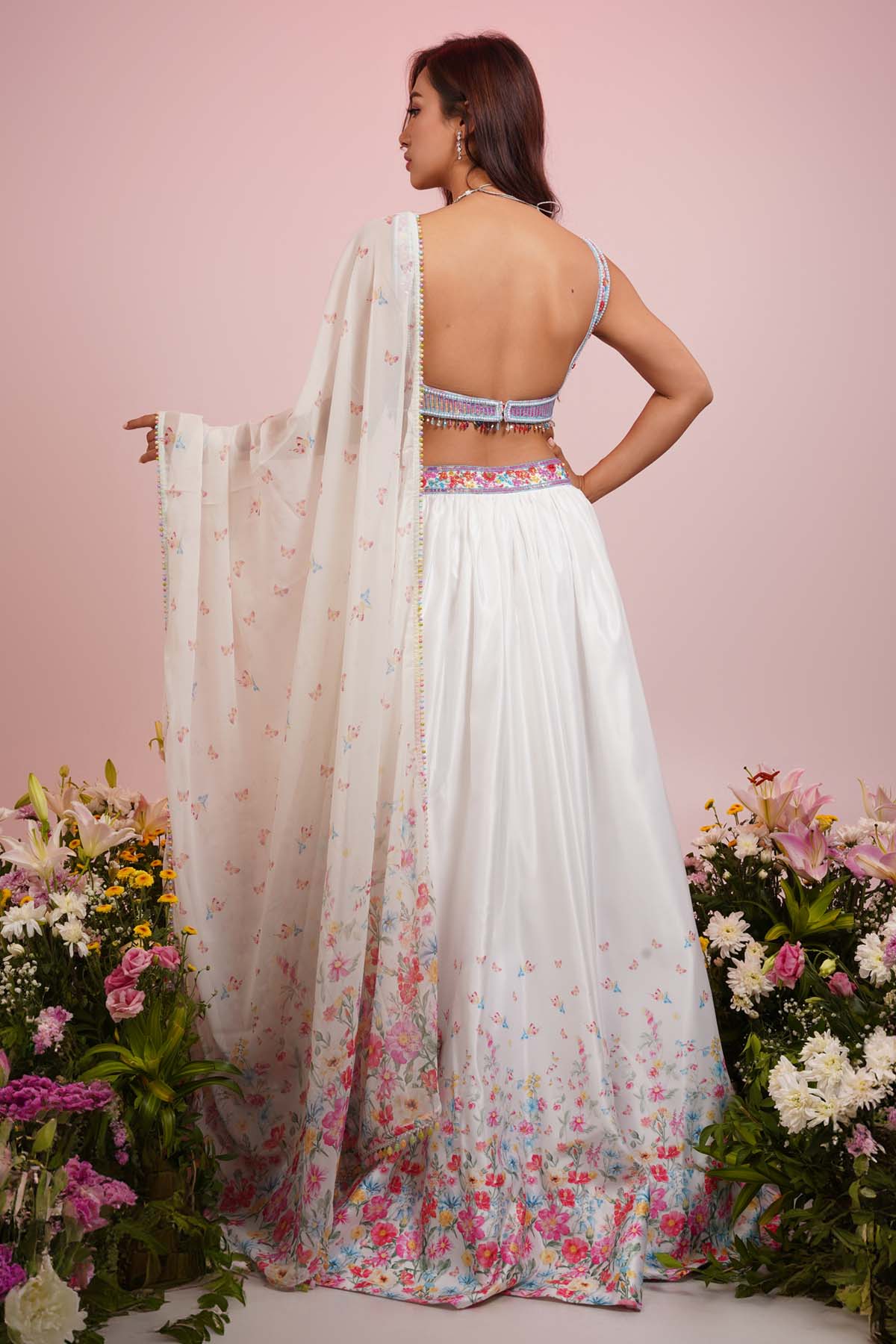 White Floral Print Lehenga Set