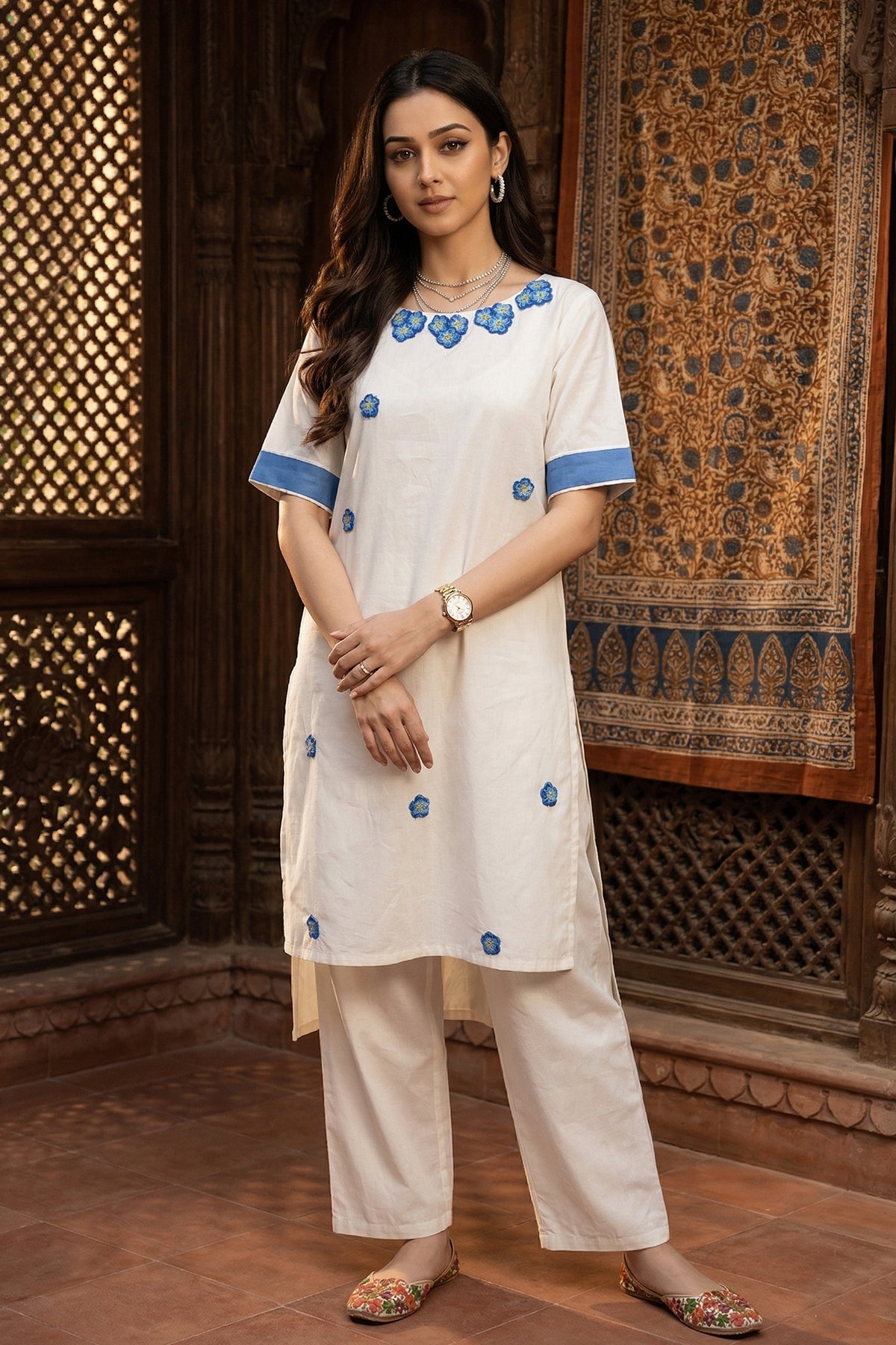 Buy Floral Thread White Kurta Set for women by Sneha B online available at scrollnshops