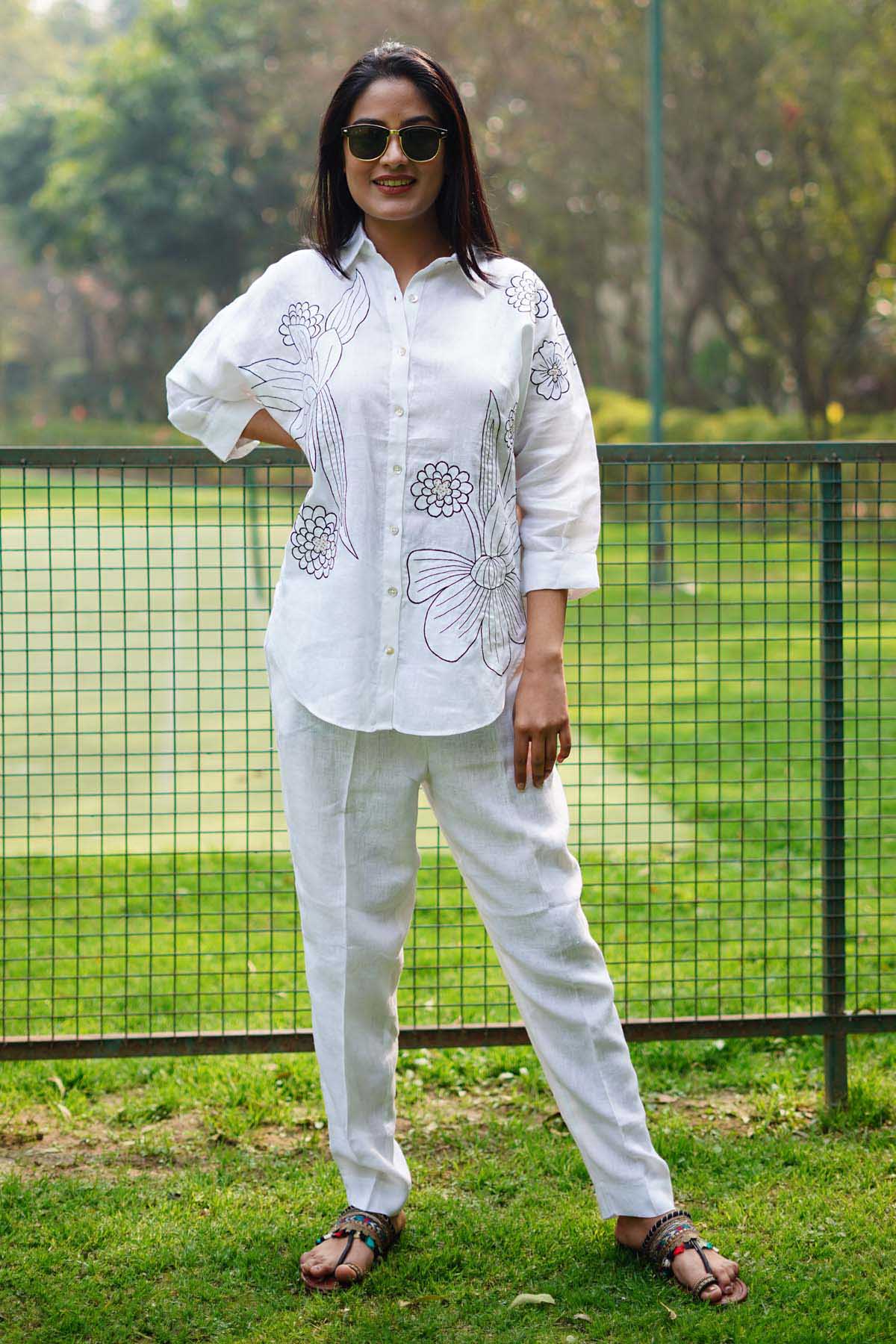 Designer Linen Bloom White Linen Shirt with Bold Floral Embroidery For Women Online at ScrollnShops