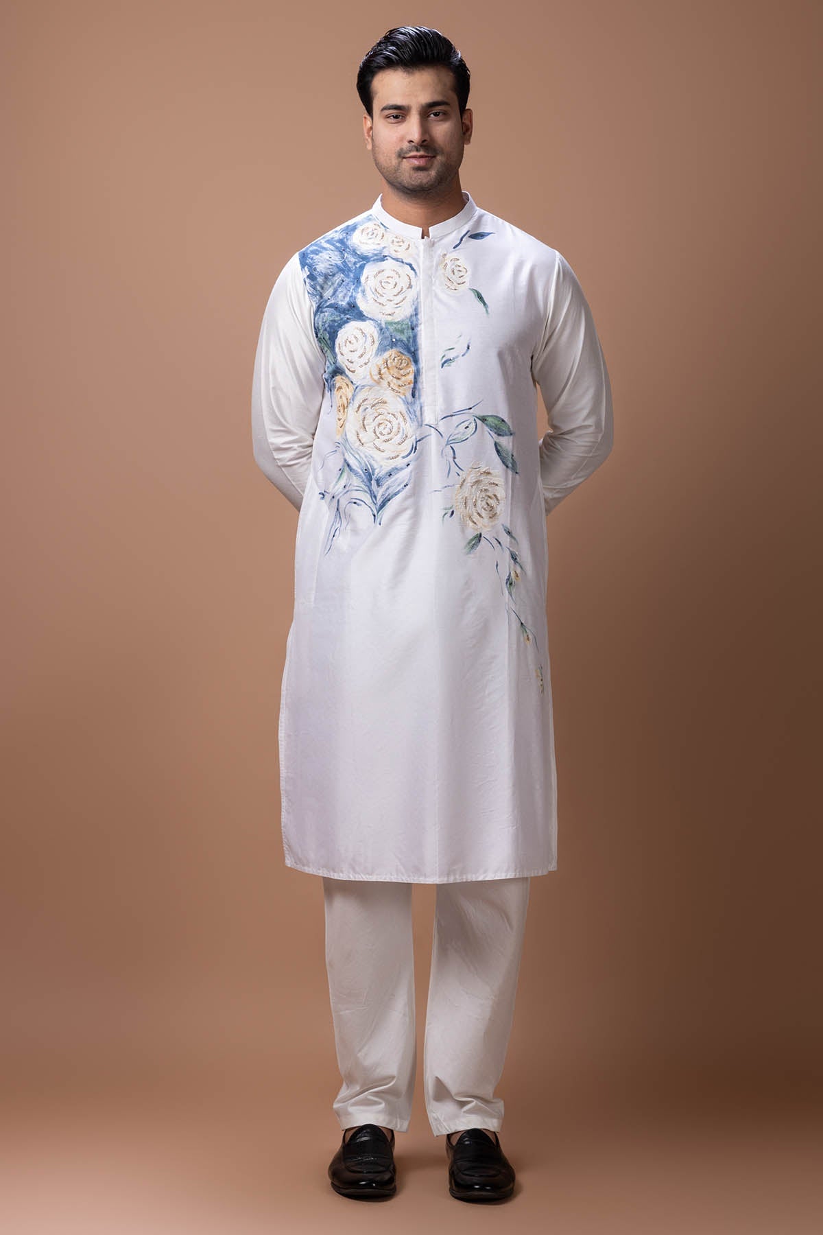 Buy White Flower Painted Kurta Set for men by Priyanka Haralalka online available at scrollnshops