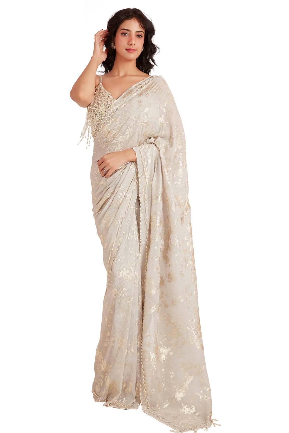 Vastra by Mala Munde White Foil Embroidered Saree for women online at ScrollnShops