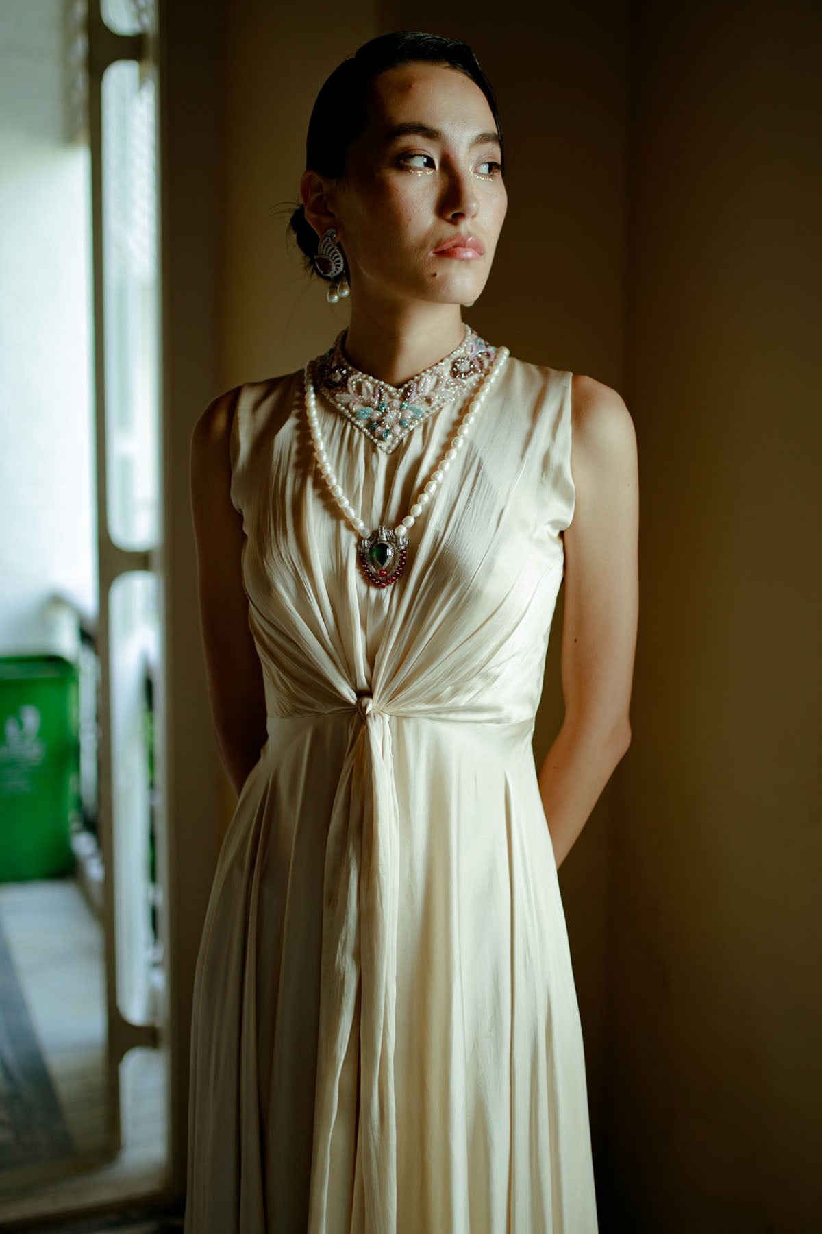 White Front Knot High Neck Gown