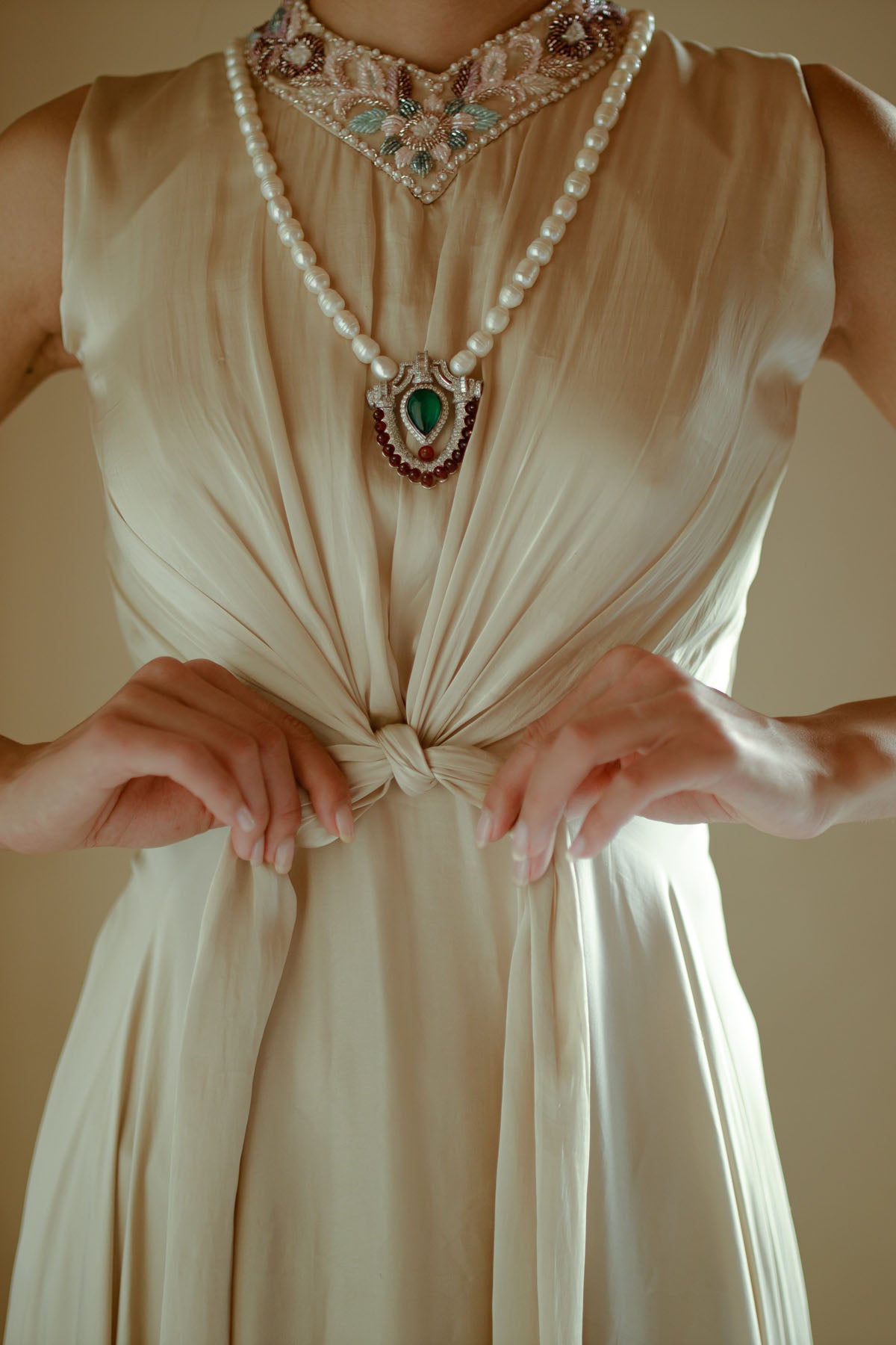 White Front Knot High Neck Gown