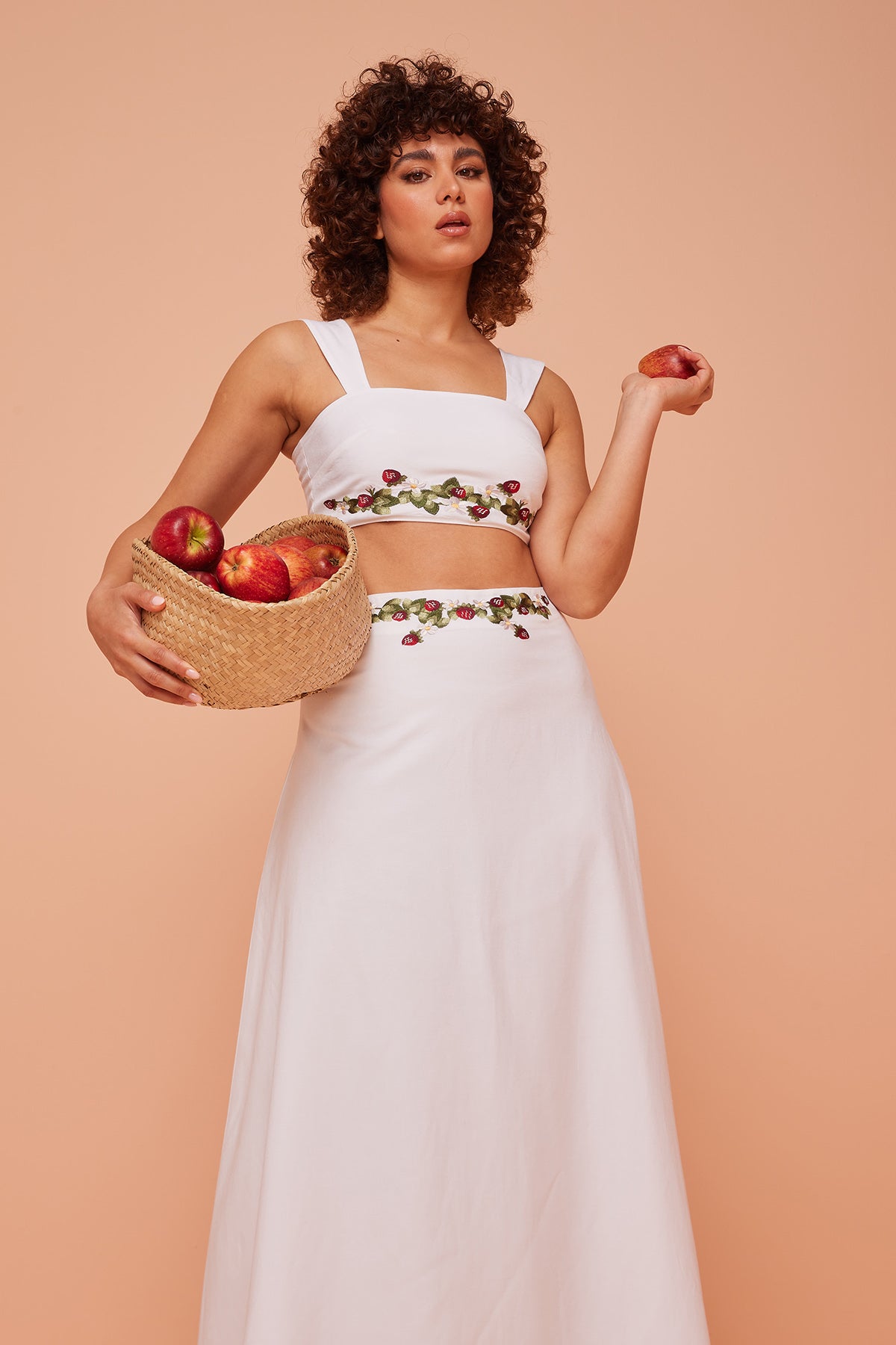 White Fruit Embroidered Crop Top