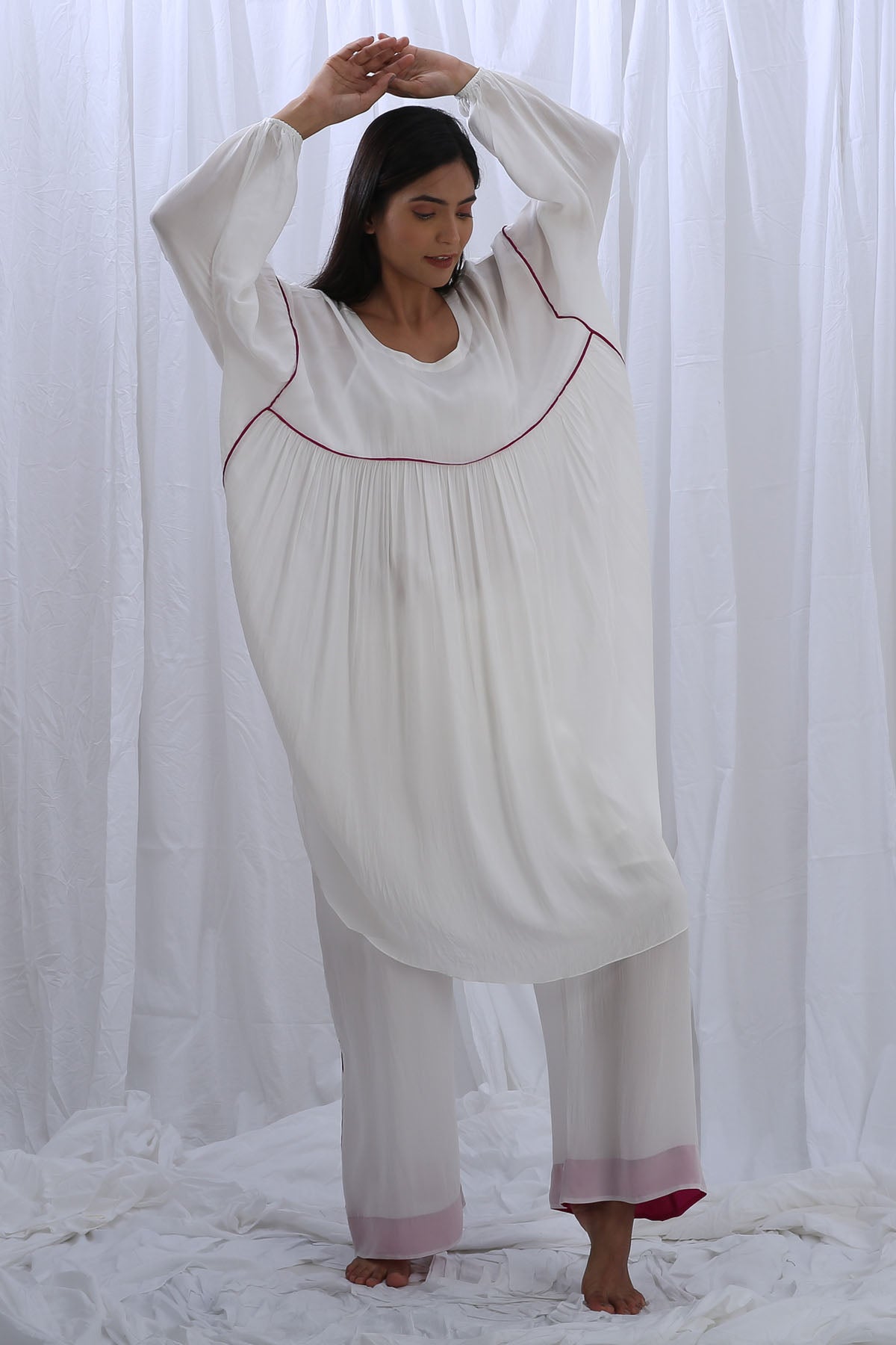 Buy Designer White Gathered Kaftan & Pants Online