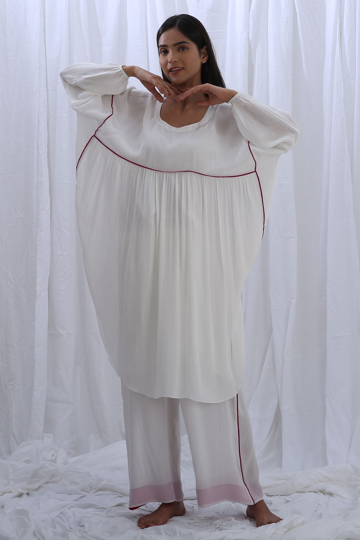 Khat Clothing White Gathered Kaftan & Pants for women online at ScrollnShops