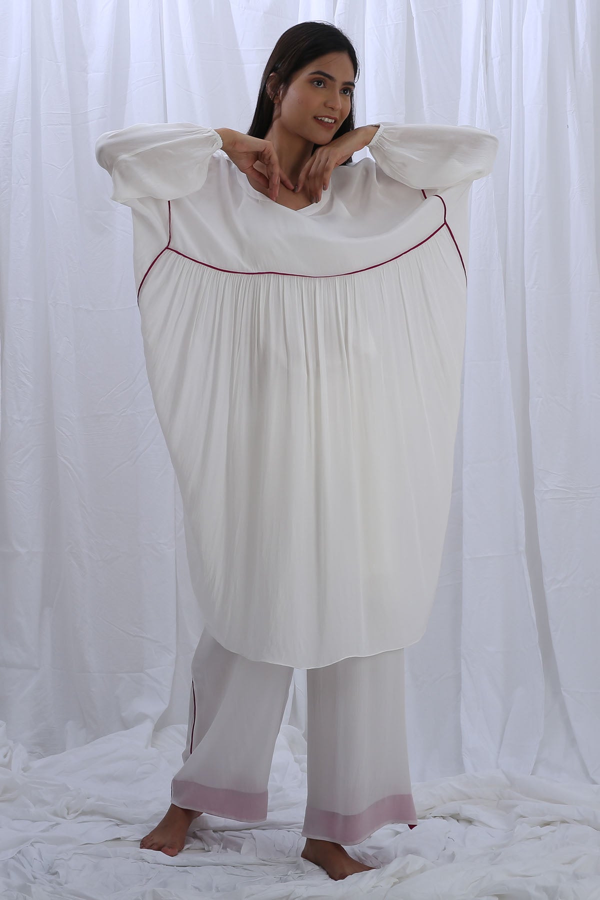 White Gathered Kaftan & Pants