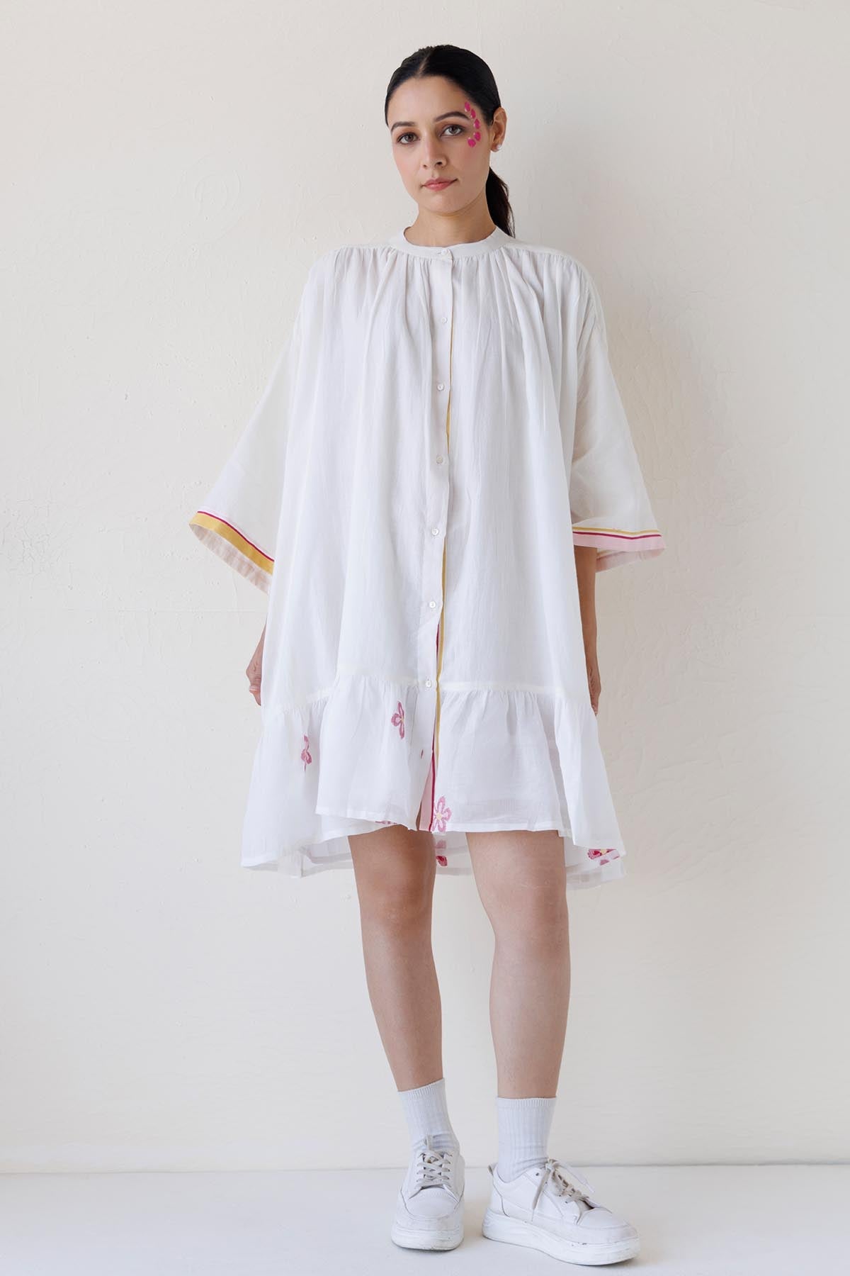 Buy White Gathered Midi Shirt Dress by Label Surabhi Raj for women online at ScrollnShops