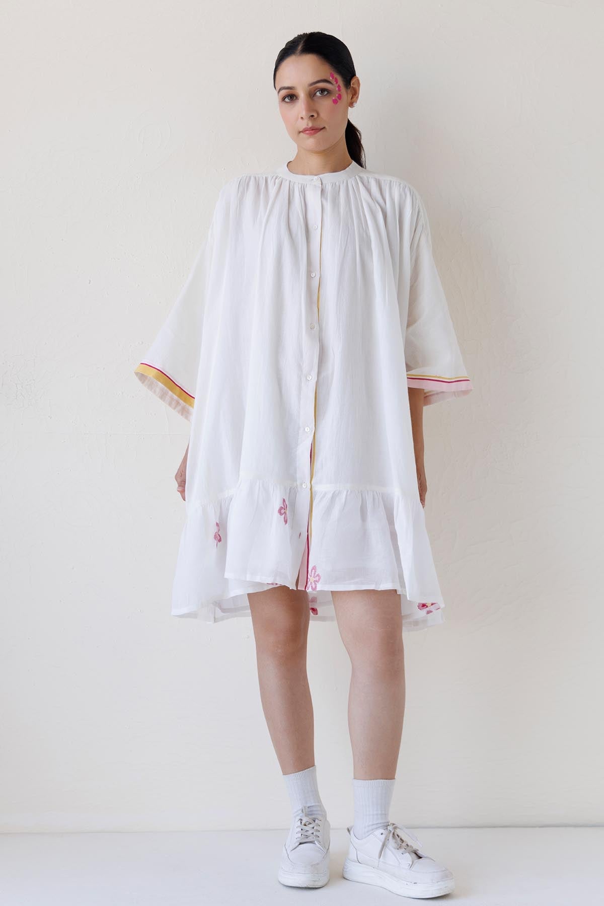 Buy Designer White Gathered Midi Shirt Dress for Women