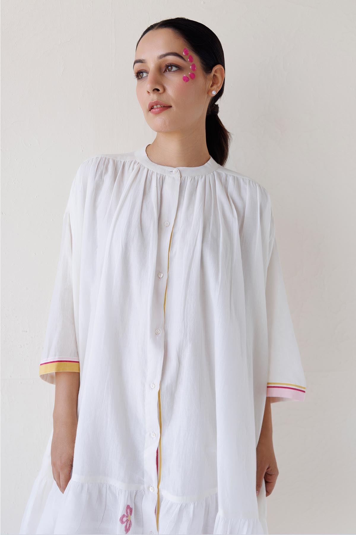 White Gathered Midi Shirt Dress