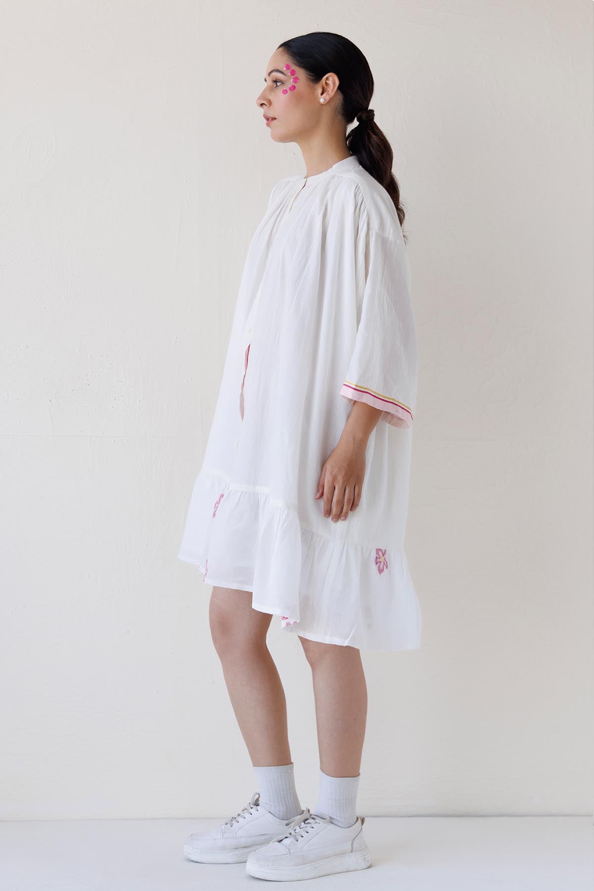White Gathered Midi Shirt Dress