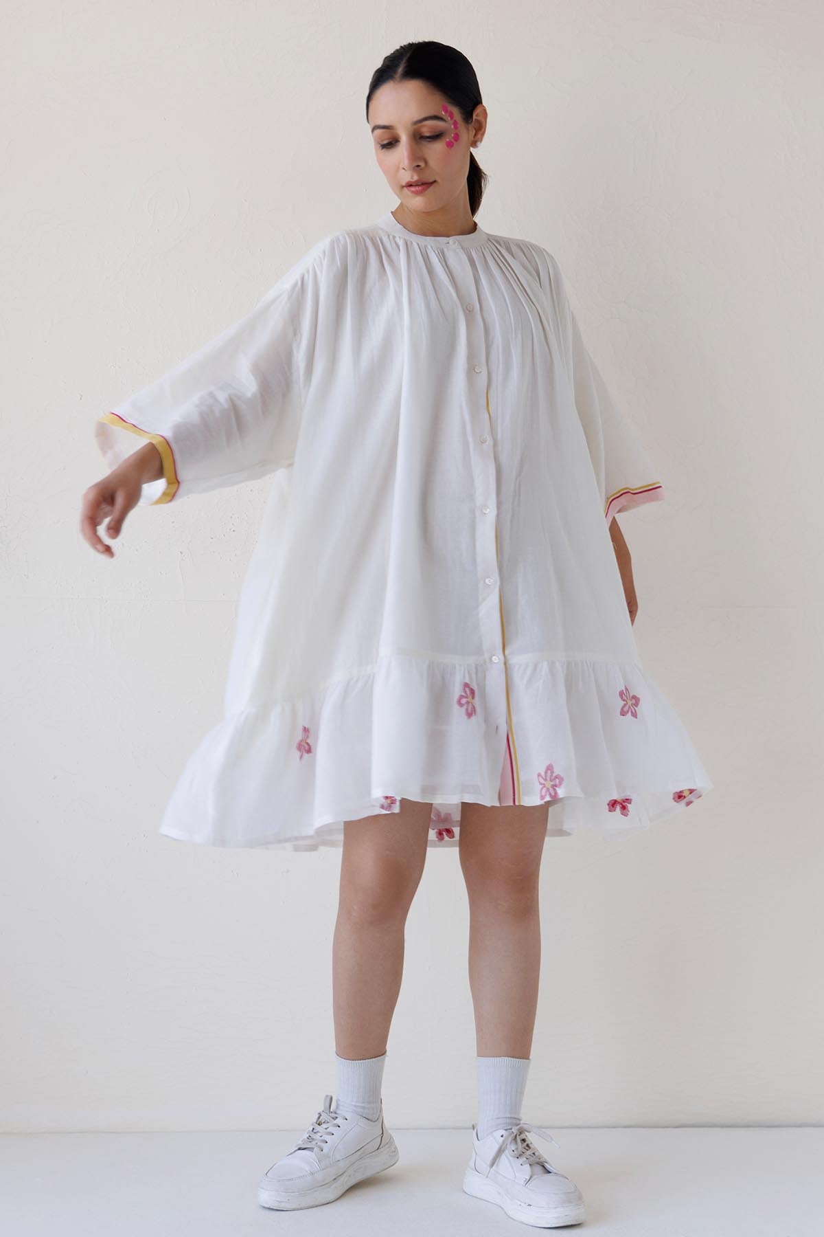 White Gathered Midi Shirt Dress