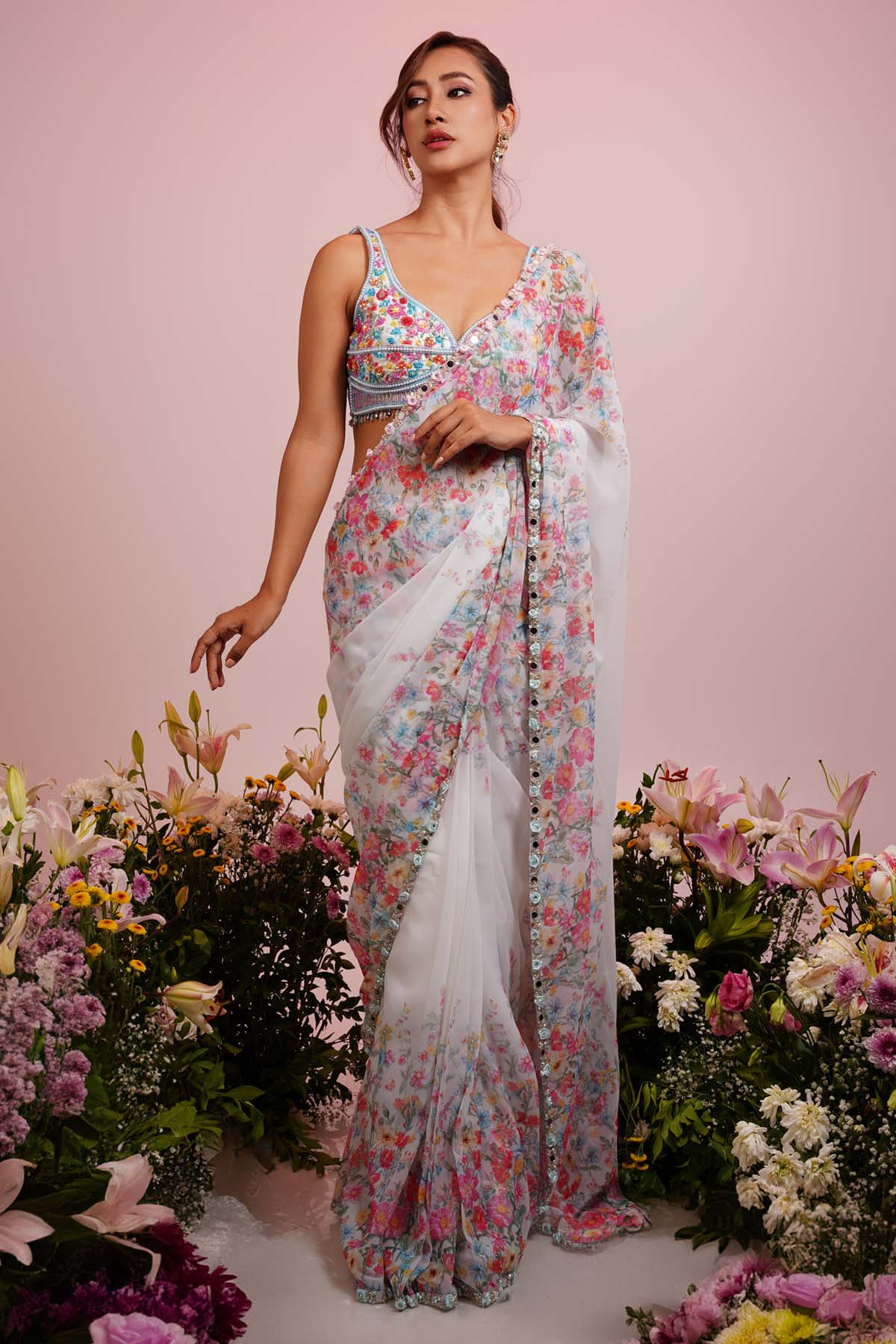 Priyanka Kar White Georgette Pre Draped Saree for women online at ScrollnShops