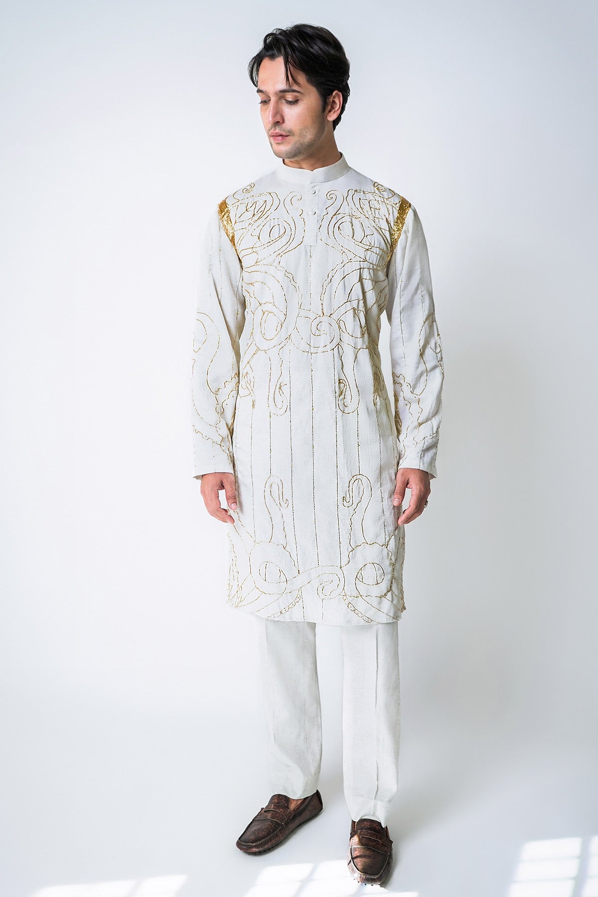 Buy White Gold Lurex Kurta & Pants for men by House of Sheriff online available at scrollnshops