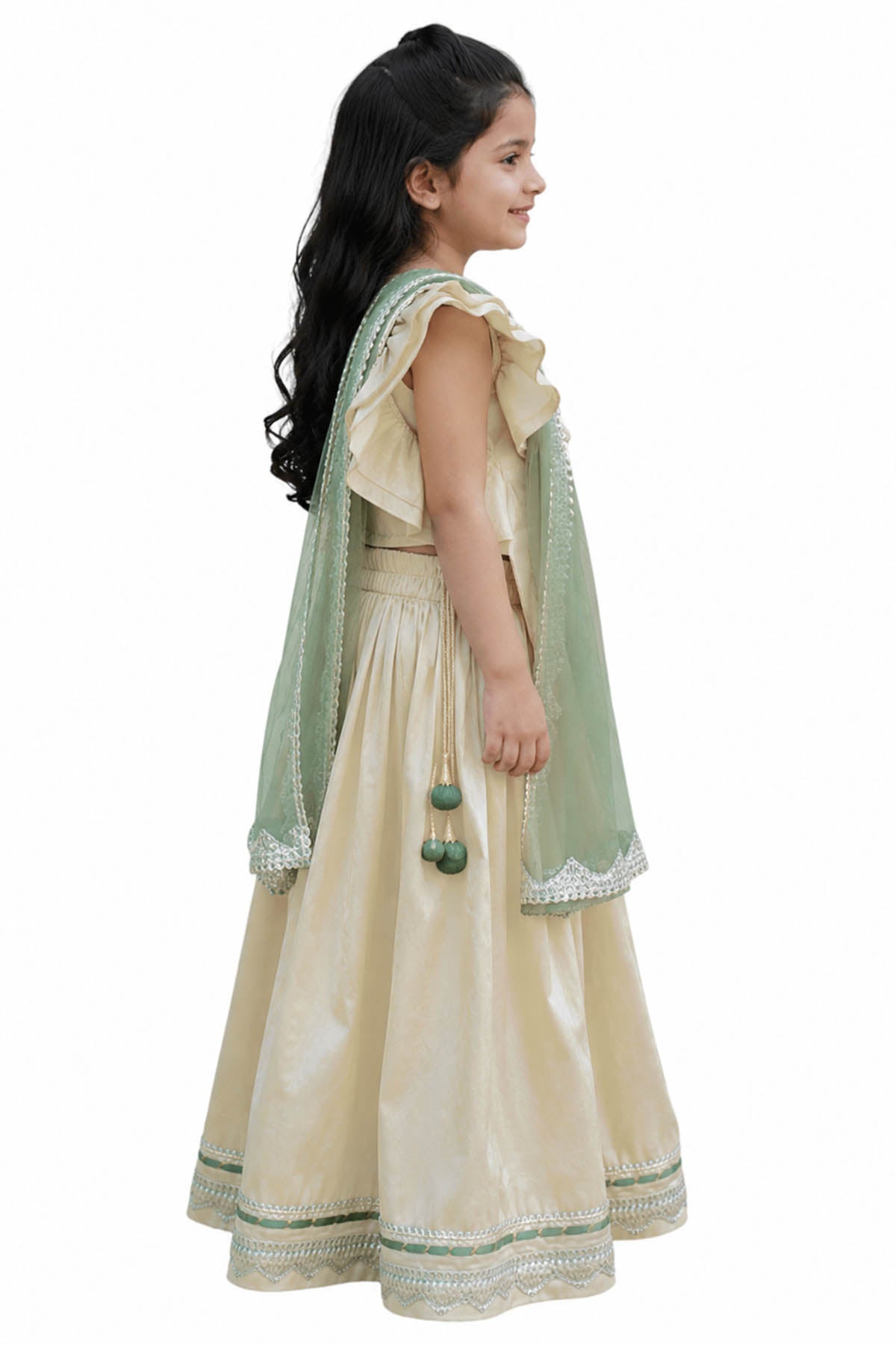 White & Green Silk Lehenga Set