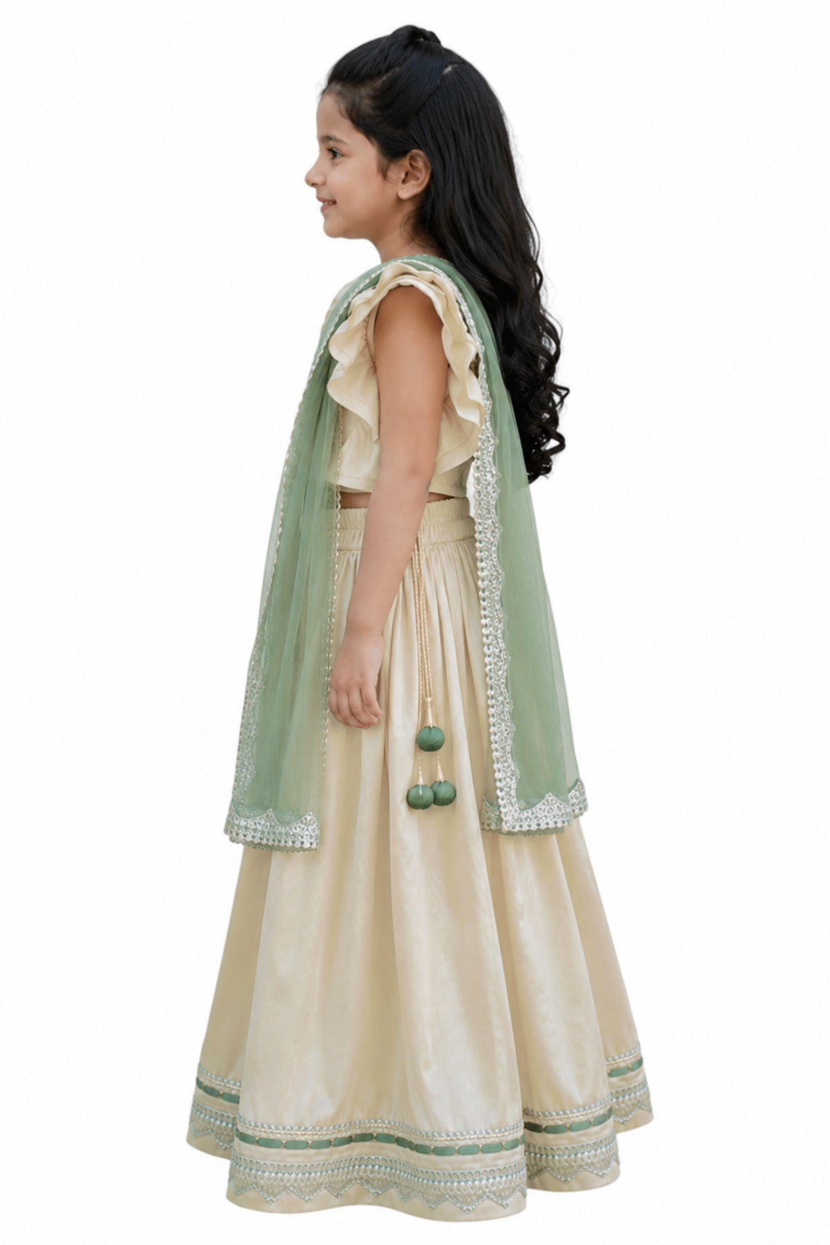 White & Green Silk Lehenga Set