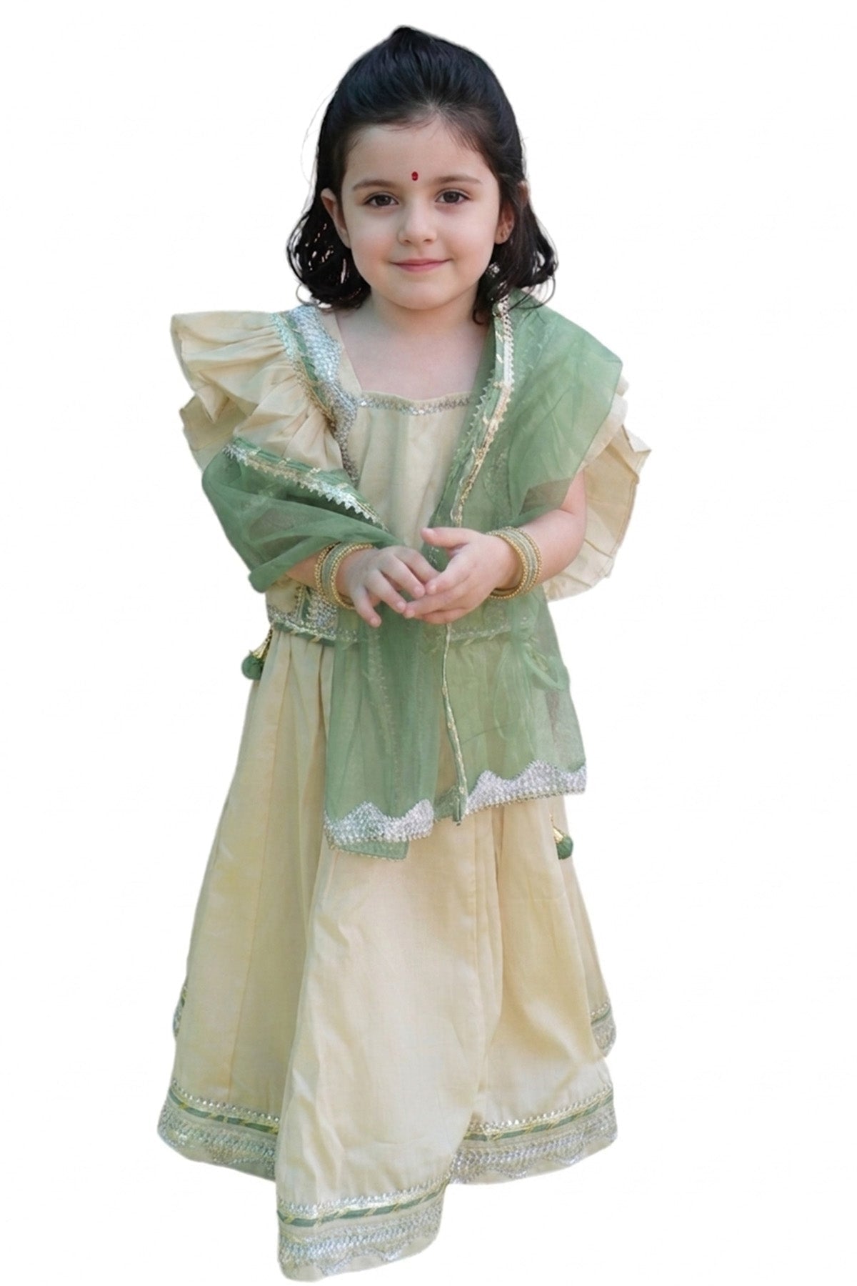 Buy White & Green Silk Lehenga Set for Kid by ViYa online available at scrollnshops