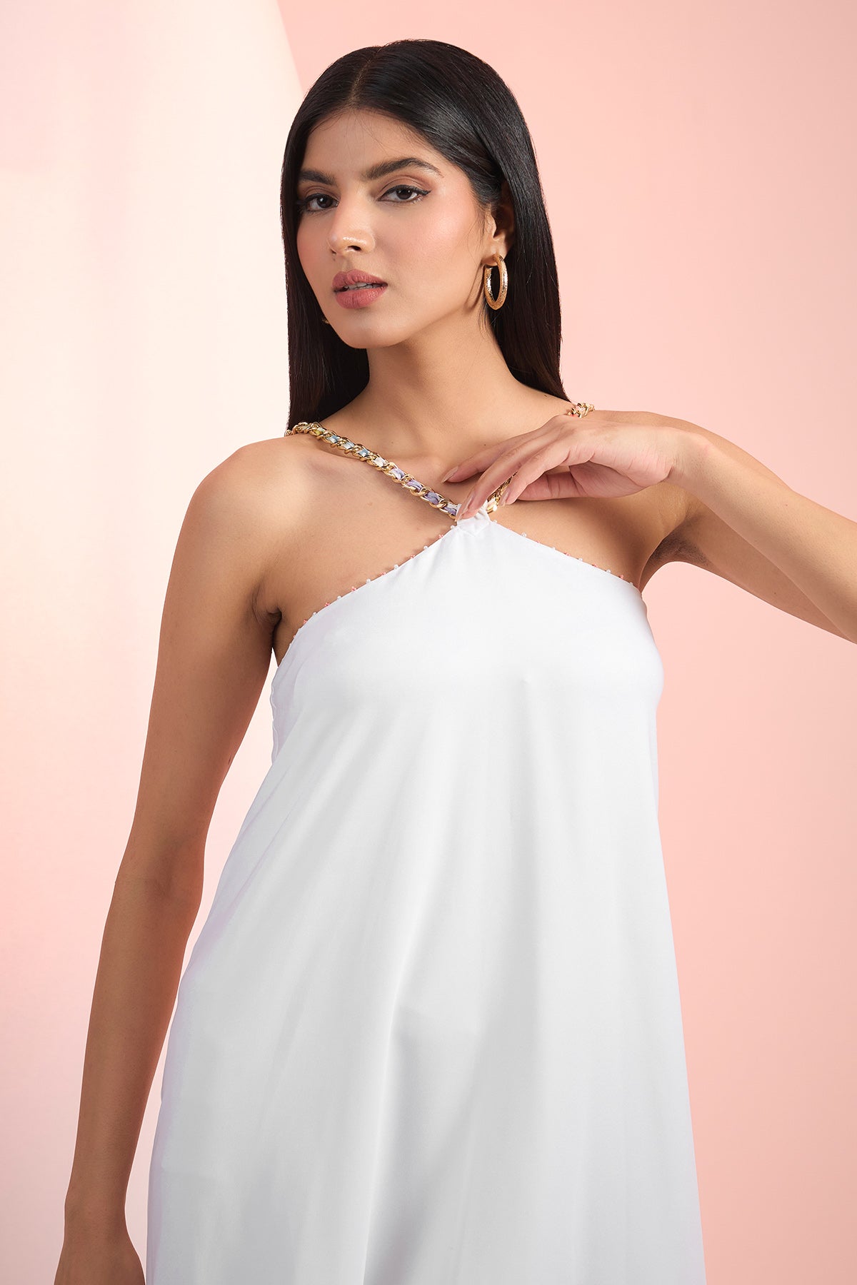 White Halter Neck High-Low Dress