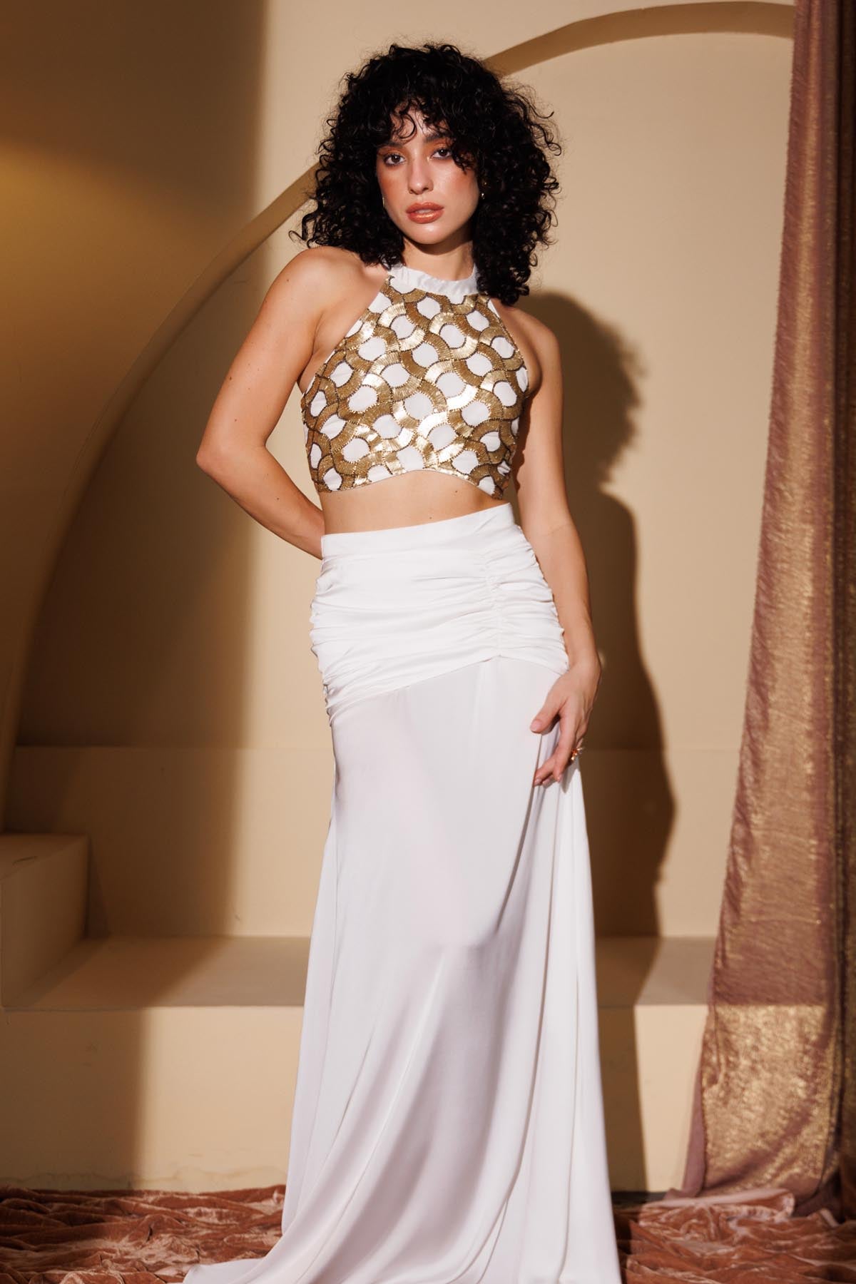 Buy White Halter Neck Top & Skirt by Seoraa for women online at ScrollnShops