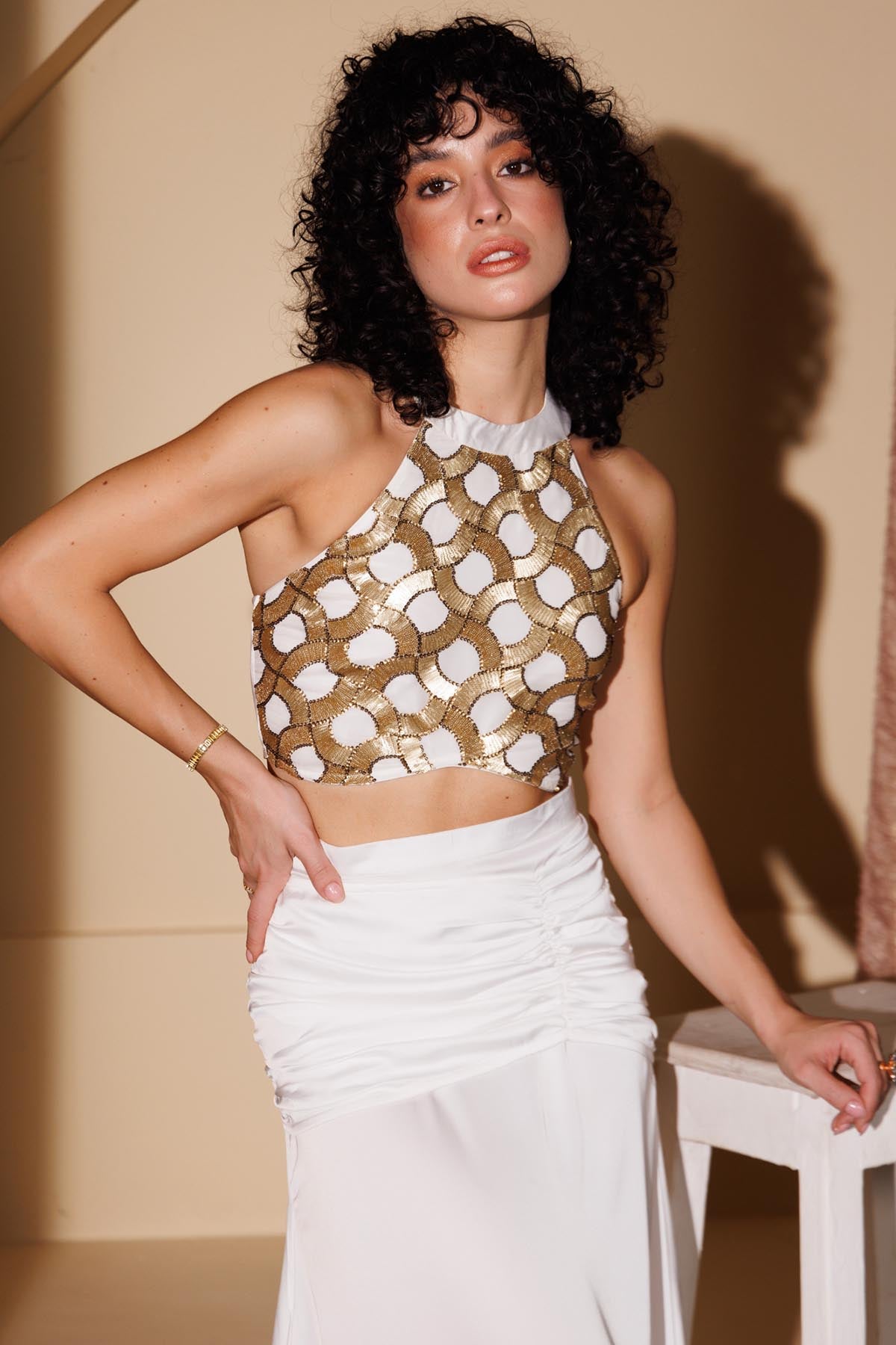 White Halter Neck Top & Skirt