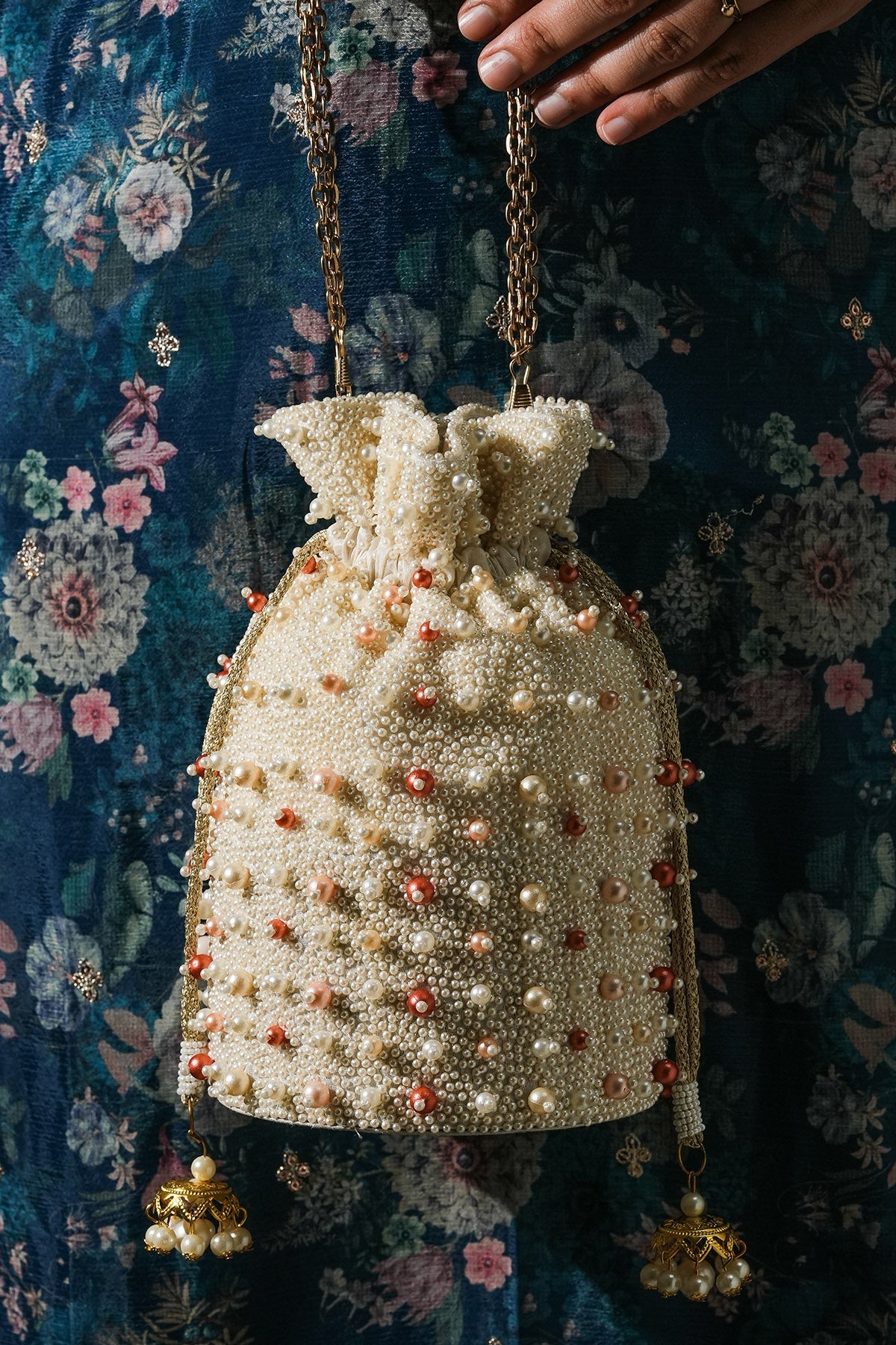 Buy White Hand Crafted Pearl Potli for women by the Purple sack online available at scrollnshops