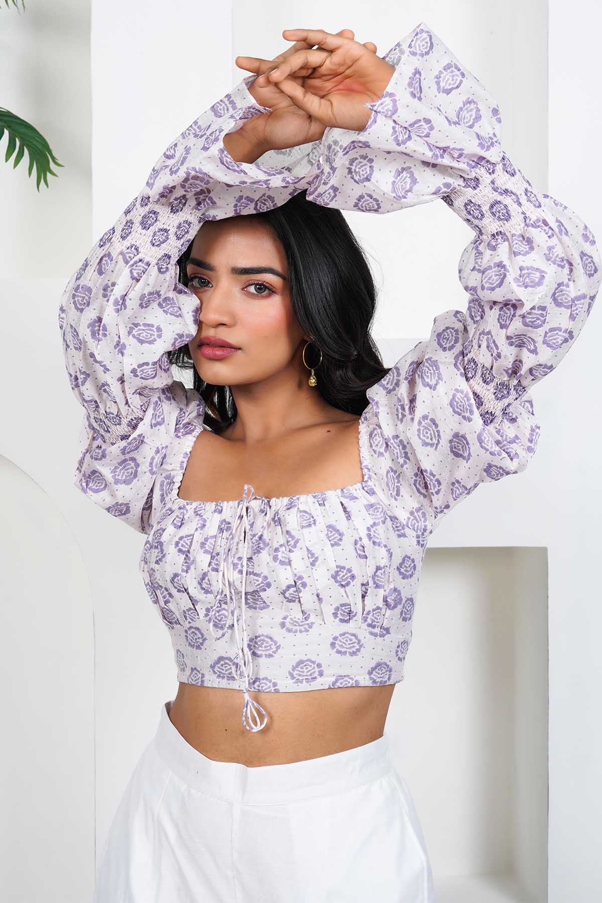 White Handblock Print Crop Top