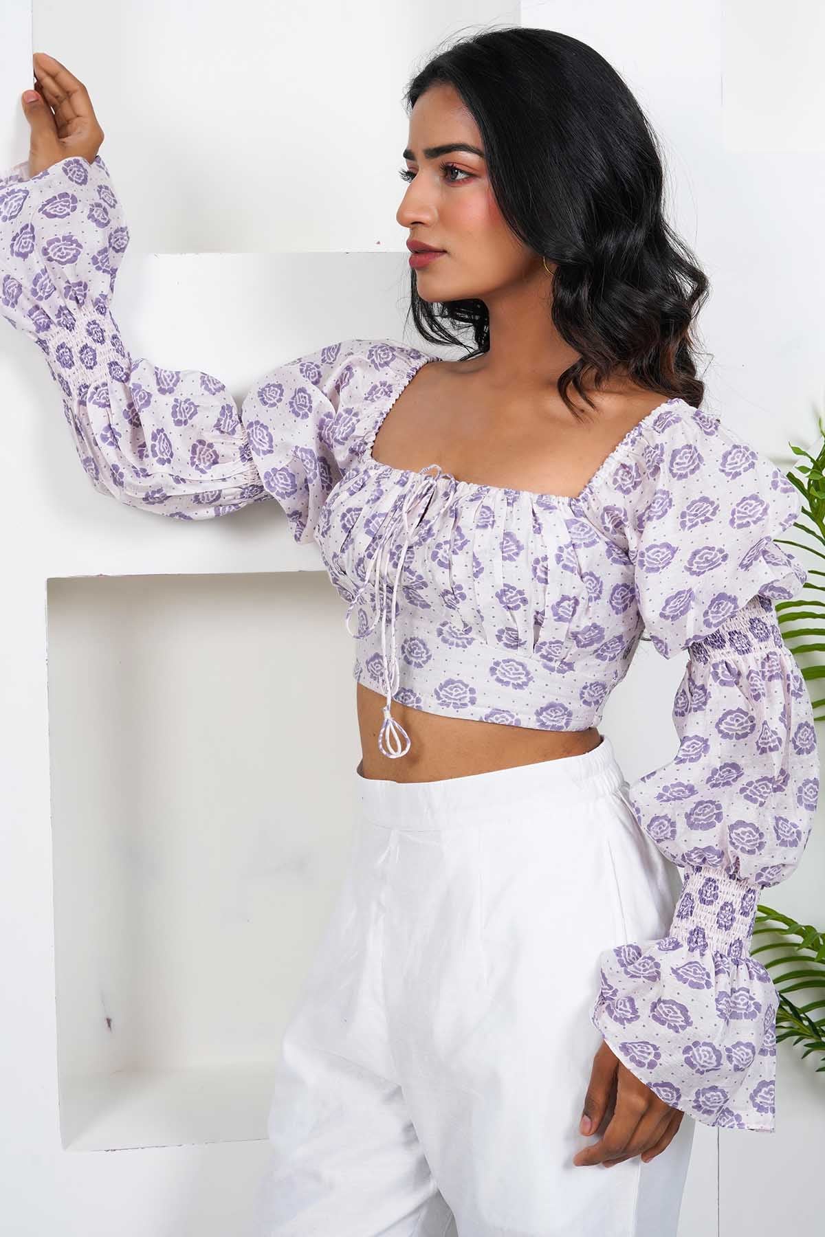 White Handblock Print Crop Top