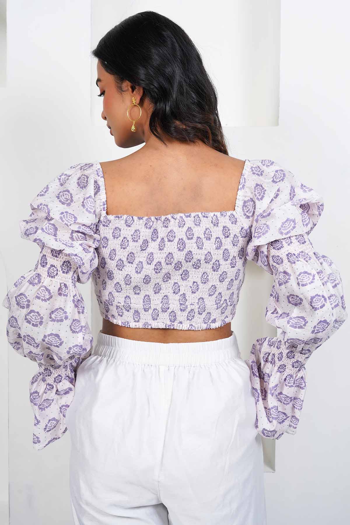 White Handblock Print Crop Top