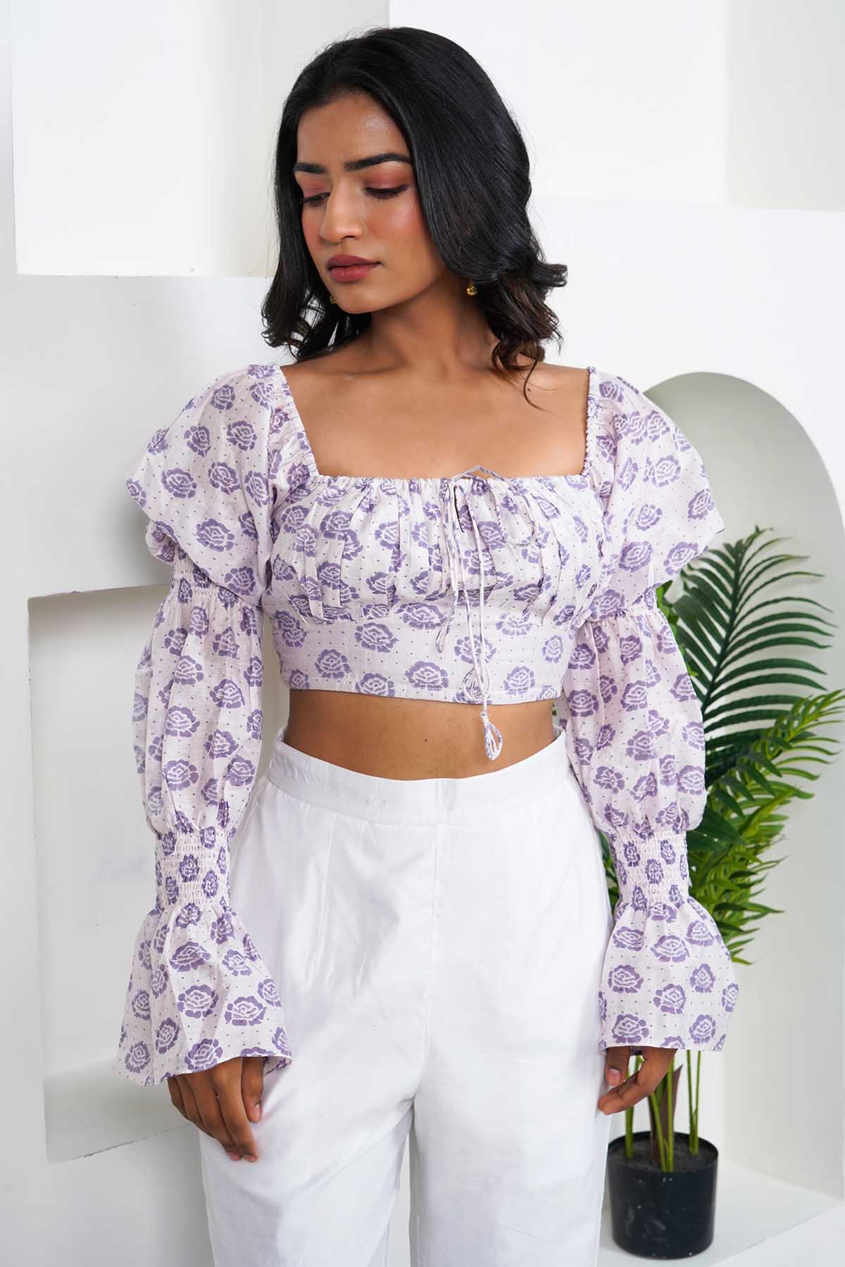 Imrie White Handblock Print Crop Top for women online at ScrollnShops