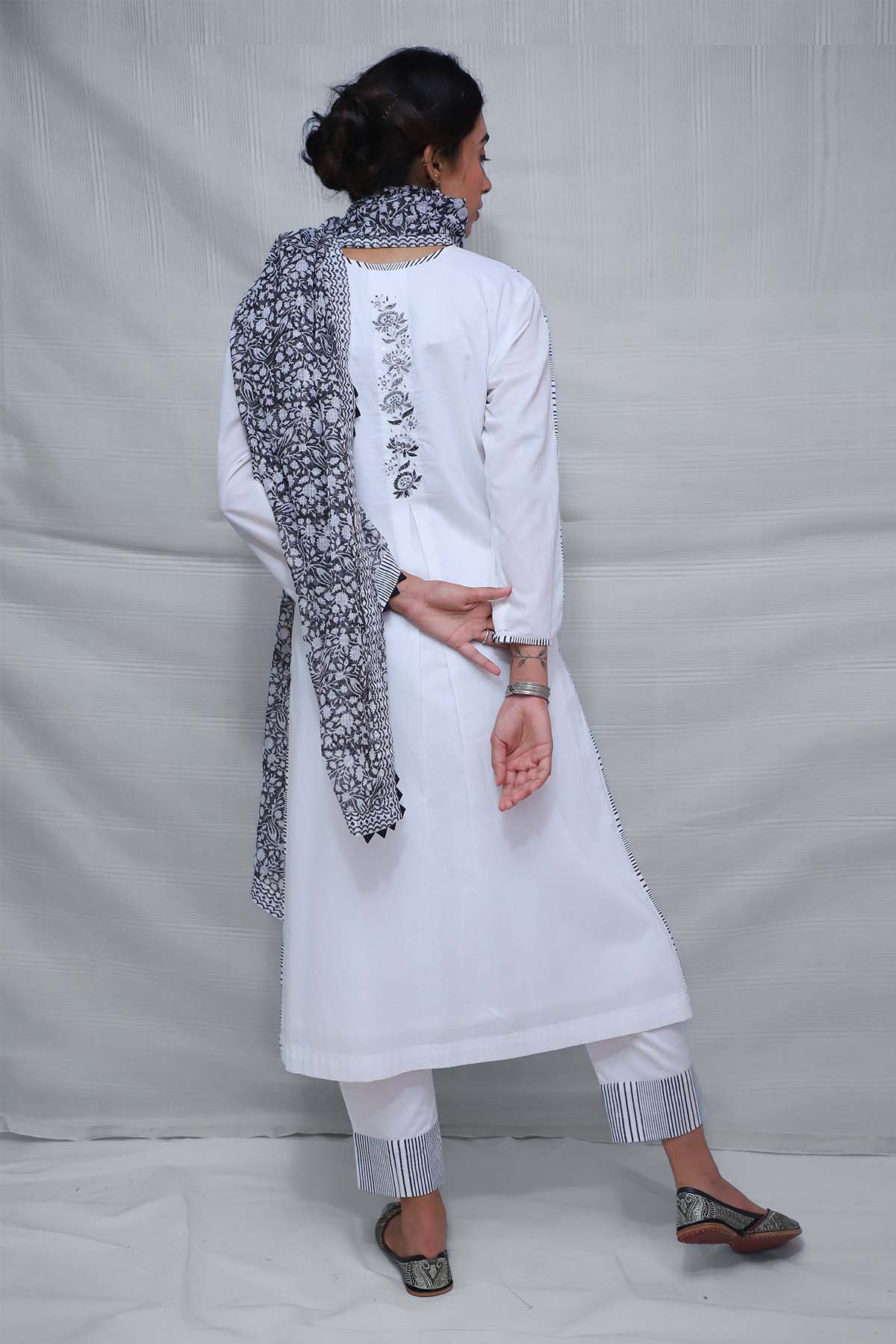 White Handblock Print Kurta Set