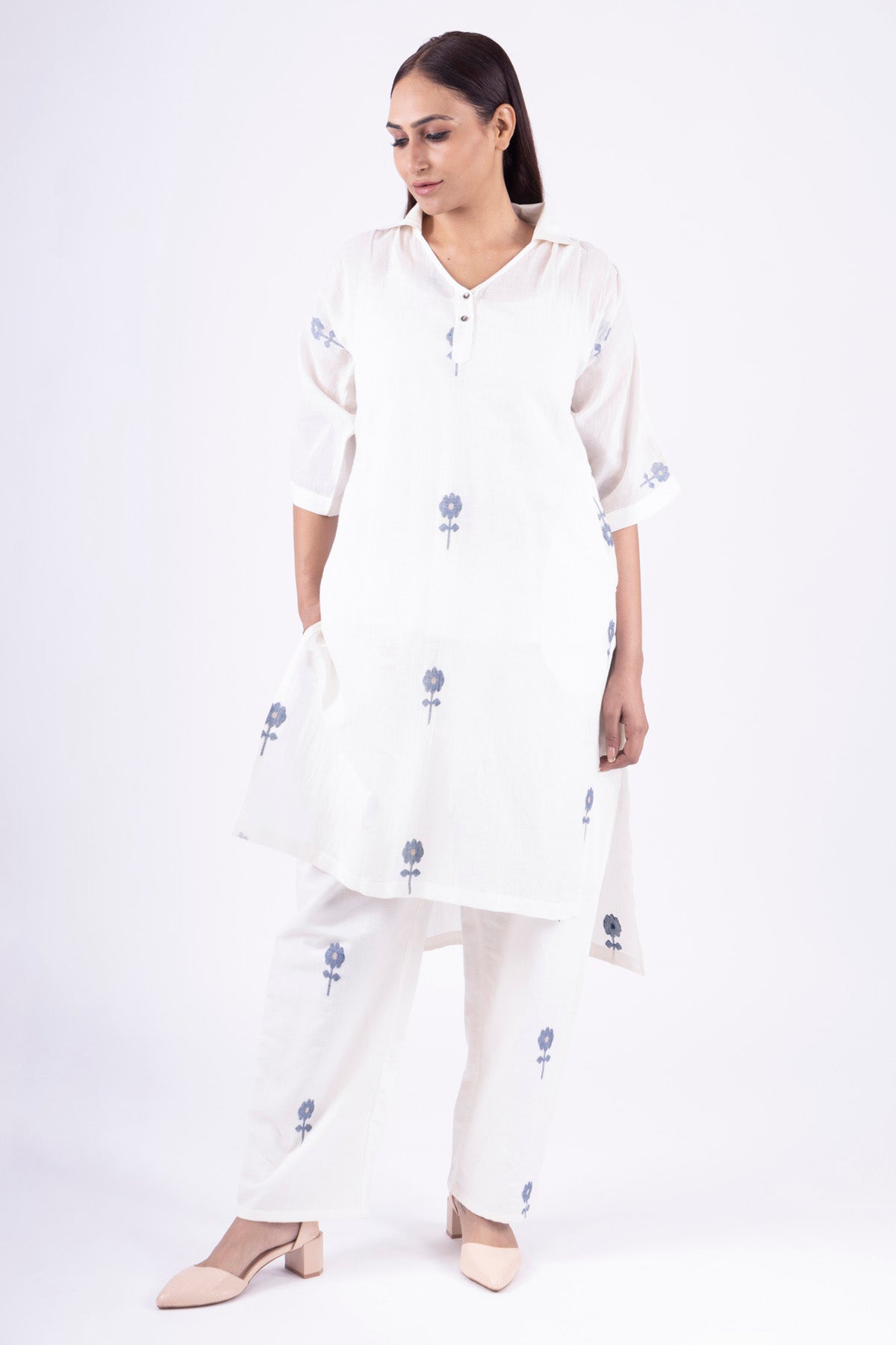 White Handwoven Floral Kurta Set