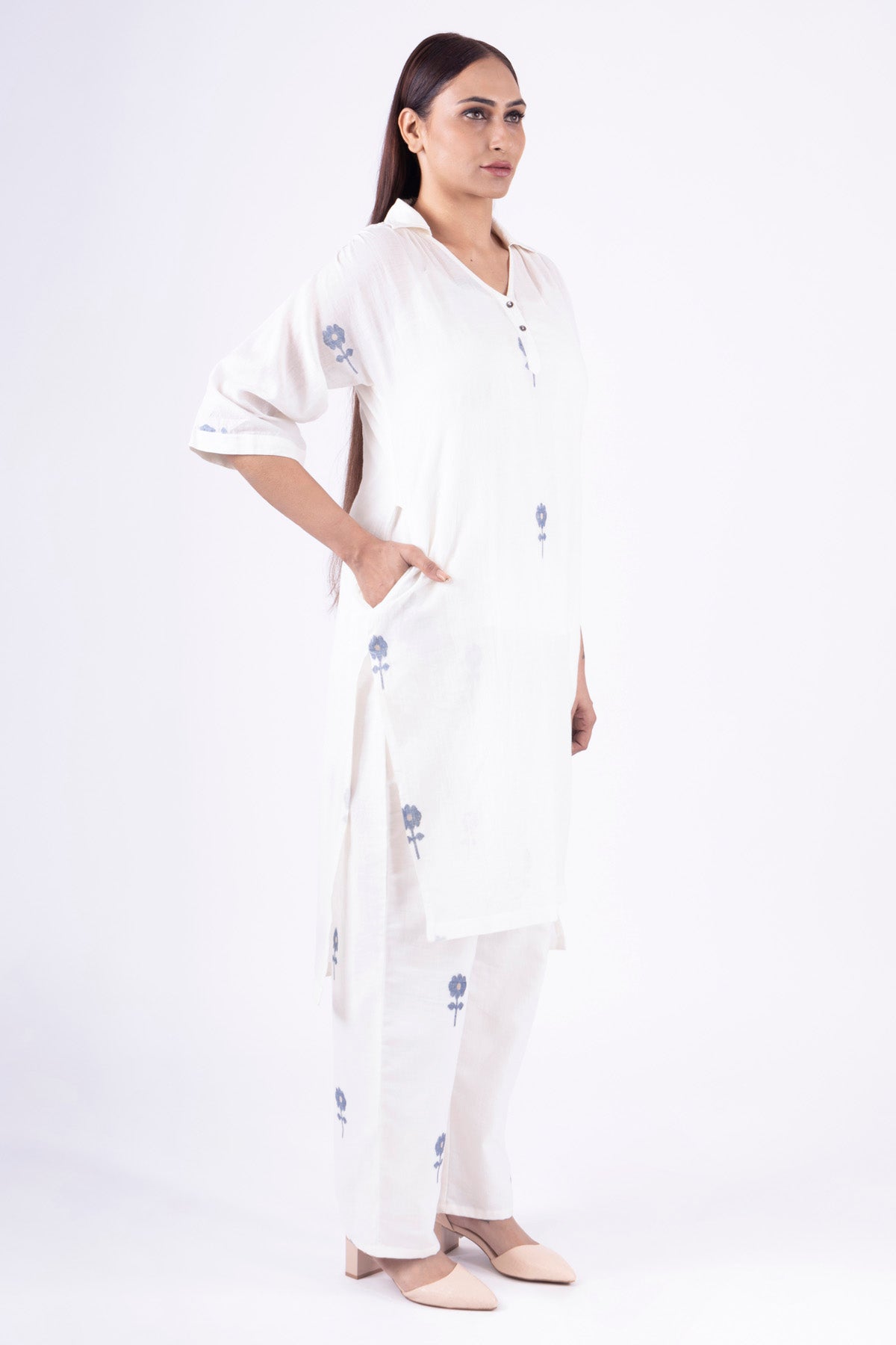 White Handwoven Floral Kurta Set