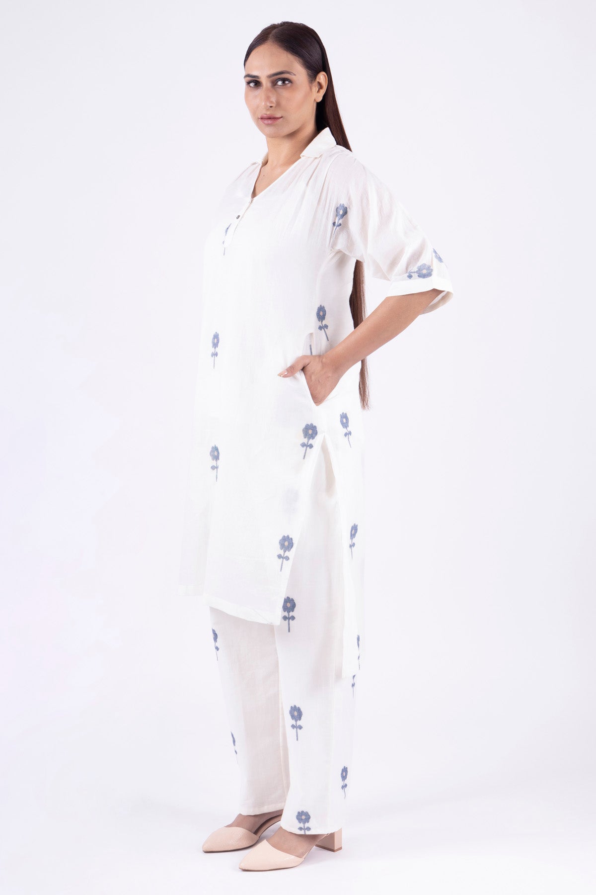 White Handwoven Floral Kurta Set