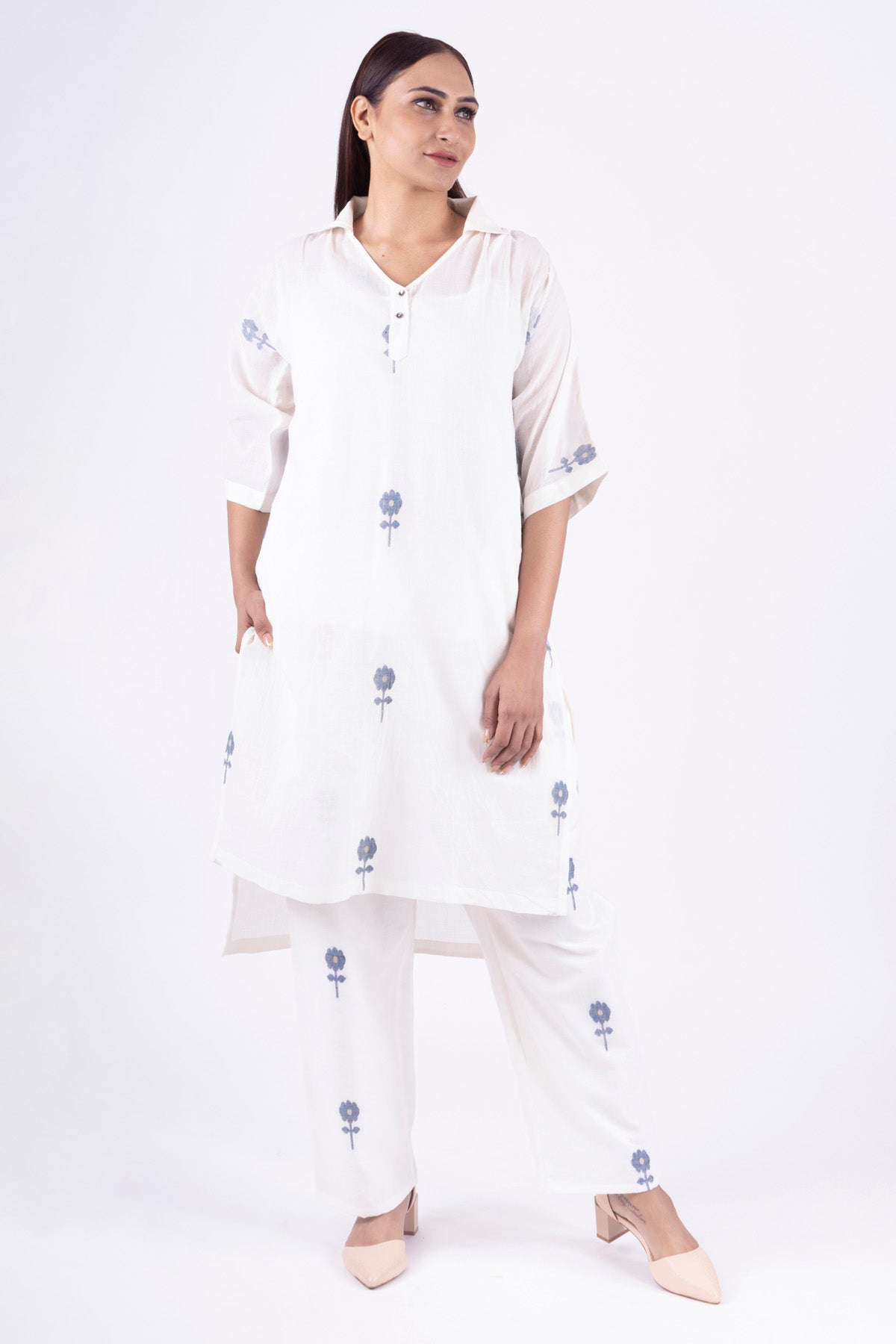 Khat Clothing White Handwoven Floral Kurta Set for women online at ScrollnShops