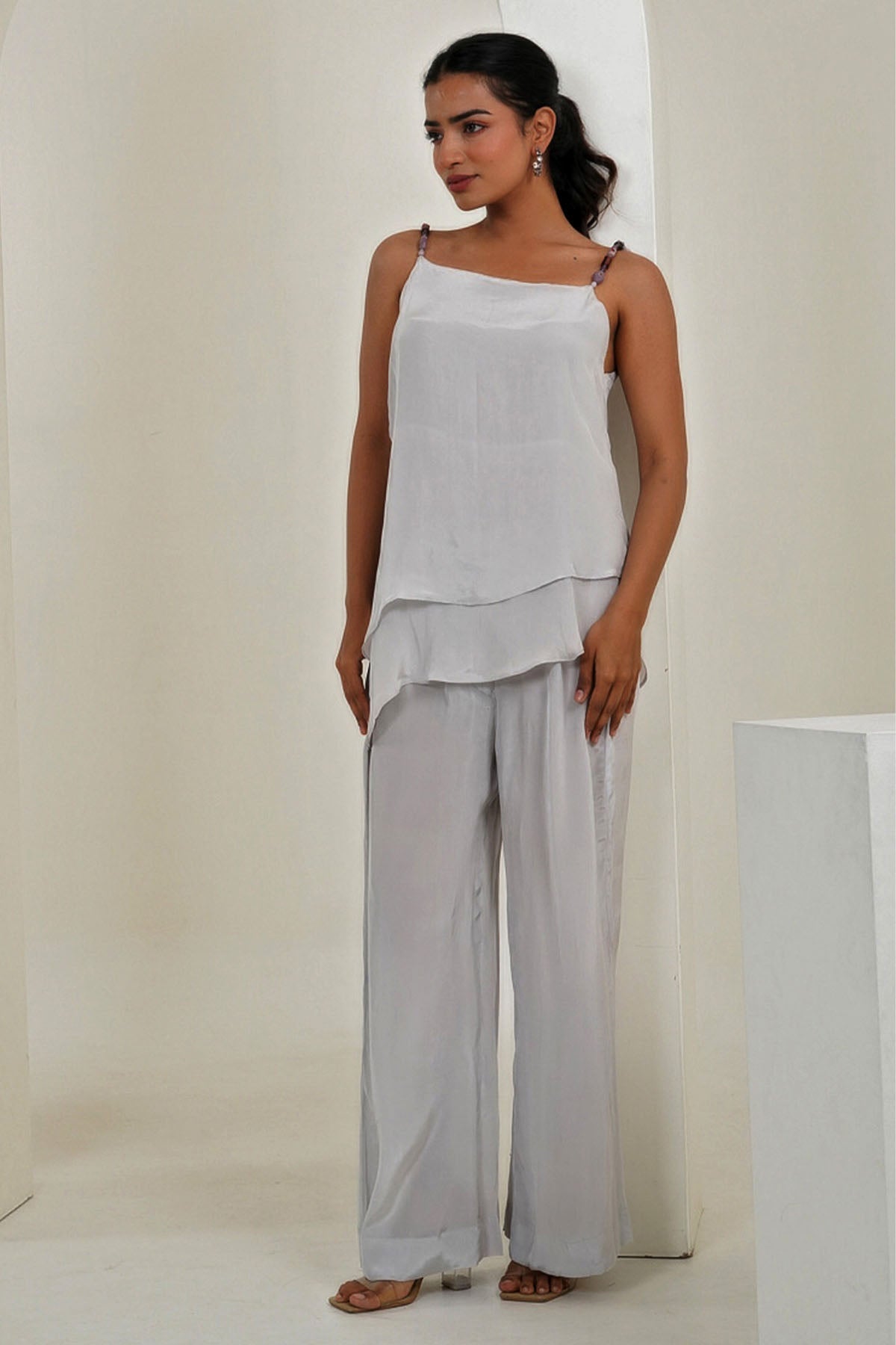 Imrie White High-Low Flare Top & Pants for women online at ScrollnShops