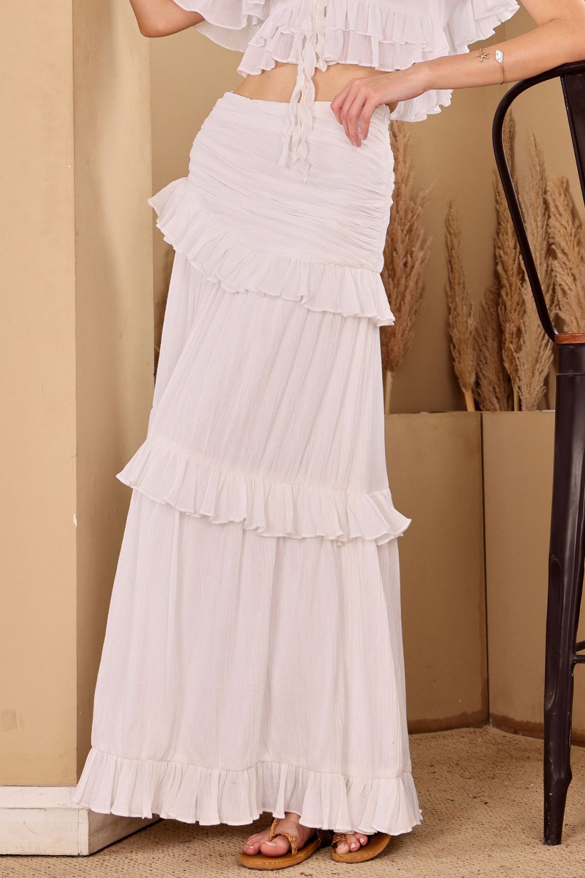 Buy White High Waisted Tiered Skirt for women by seoraa online available at scrollnshops