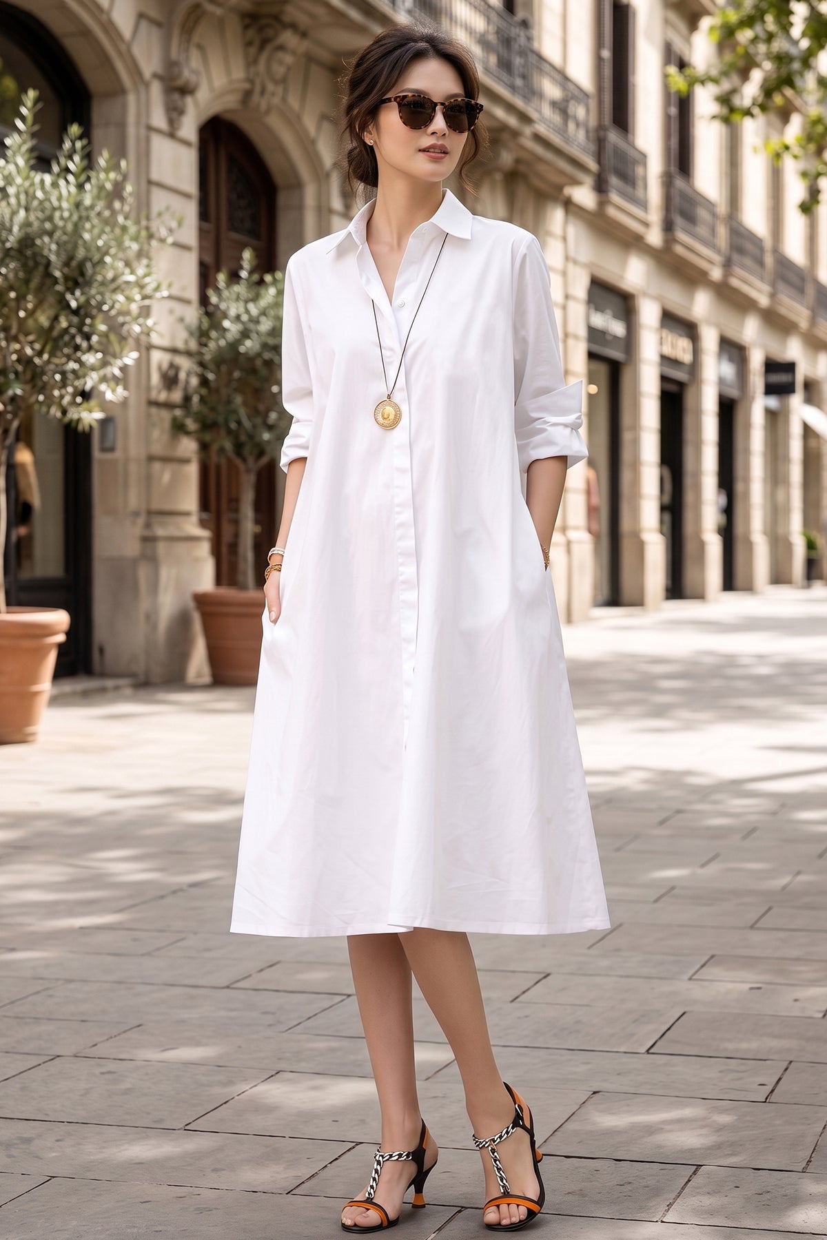 White Knee Length Shirt Dress
