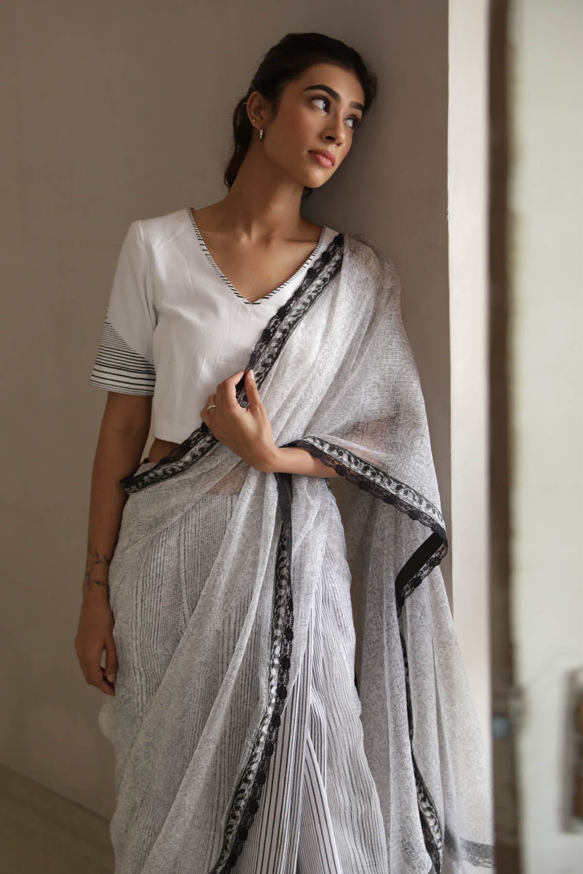 Buy White Kota Doria Saree & Blouse by House Of 87 for women online at ScrollnShops