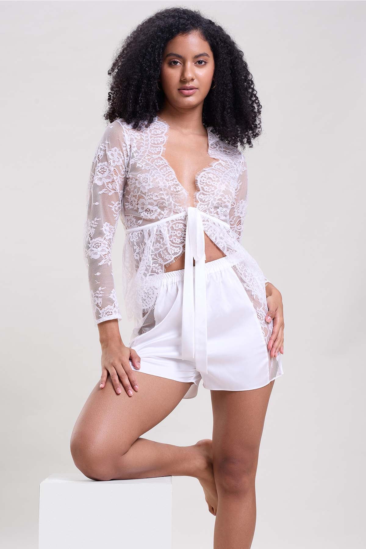 Buy White Lace Detail Shrug & Shorts by Mysthelle for women online at ScrollnShops