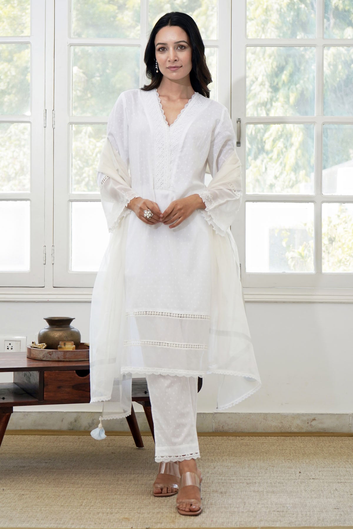 Nero White Lace Embroidered Kurta for women online at ScrollnShops