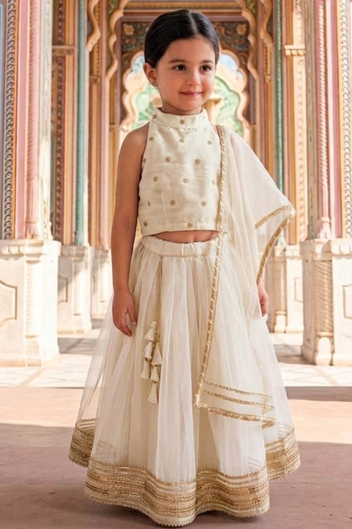 Buy White Lace detailed Lehenga Set for Kid by ViYa online available at scrollnshops