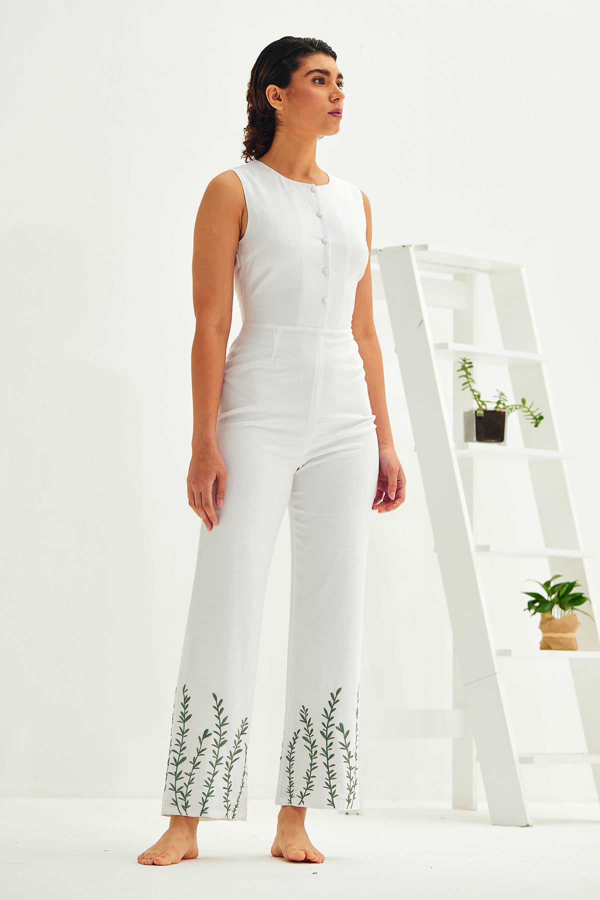 White Leaf Embroidered Jumpsuit