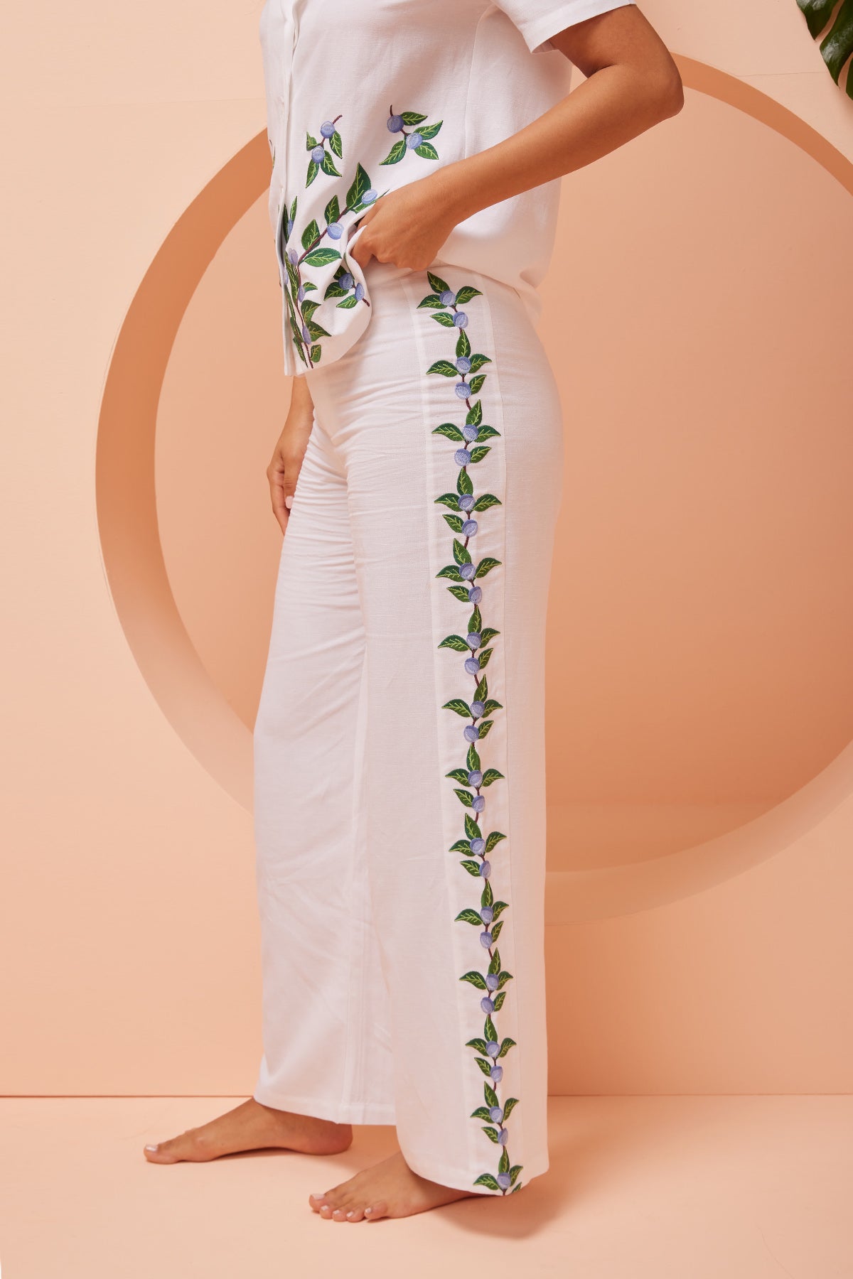 White Leaf Embroidered Pants