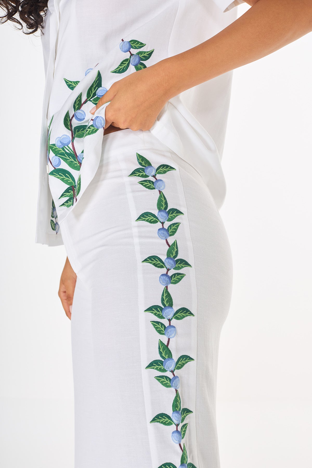 White Leaf Embroidered Pants