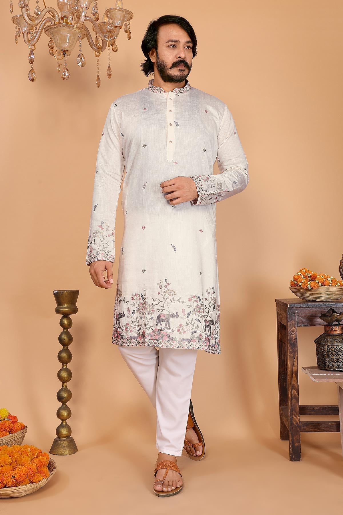 Buy White Linen Cotton Kurta Pants for men by Jyoti Fashion online available at scrollnshops
