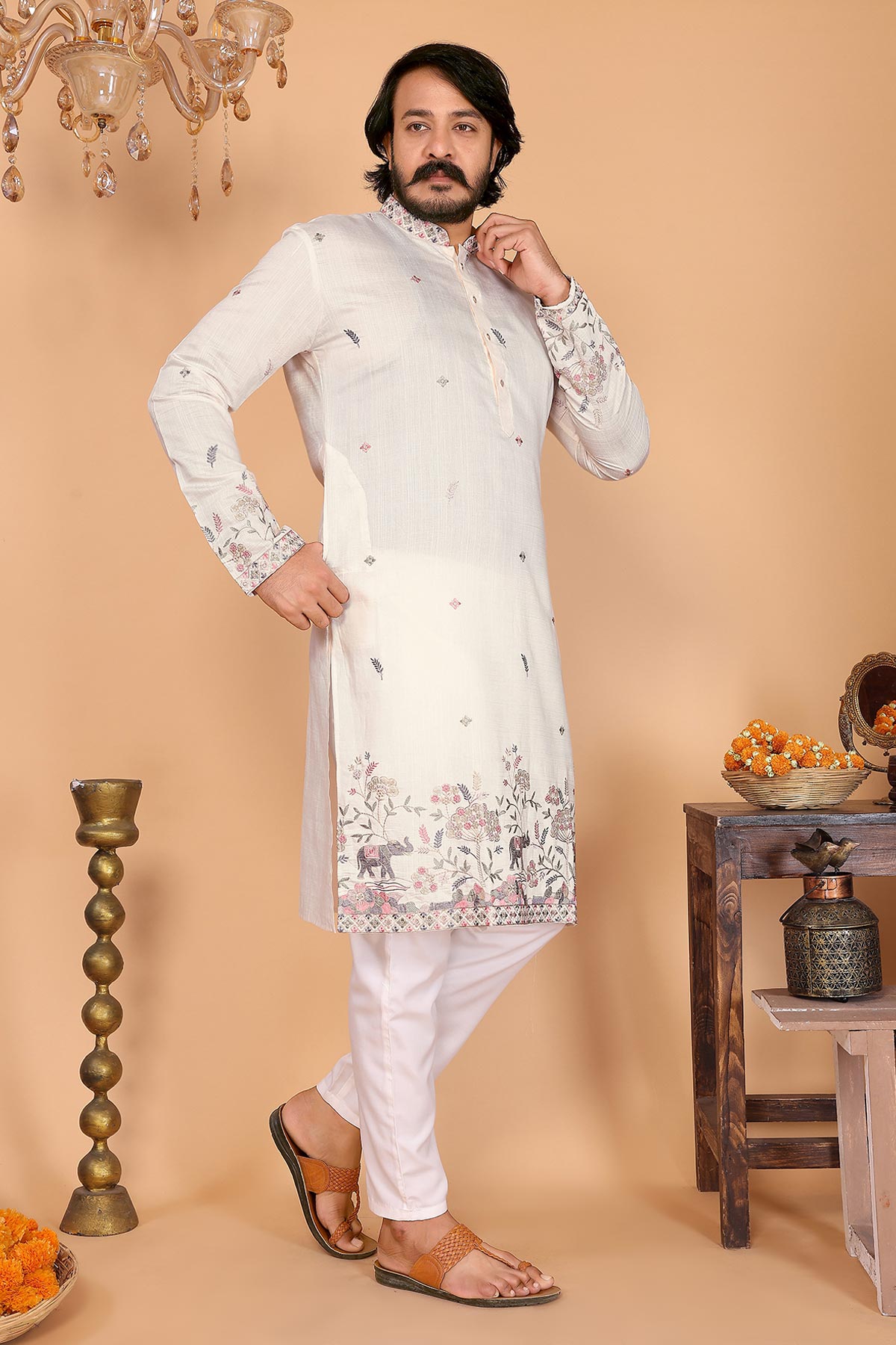 White Linen Cotton Kurta Pants
